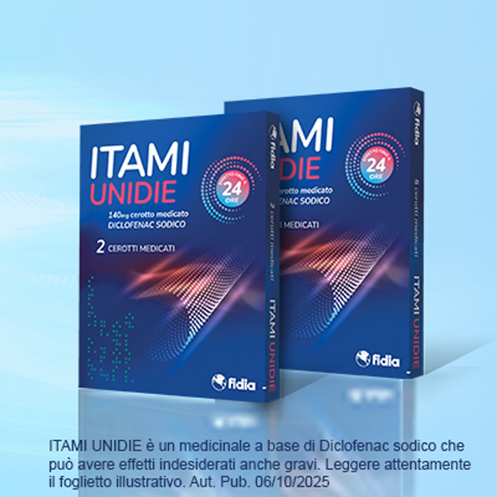 Due confezioni di cerotti medicati Itami Unidie 140mg. Diclofenac sodico.