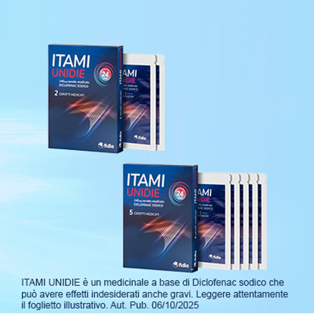 Confezioni Itami Unidie 140mg da 2 e 5 cerotti medicati.