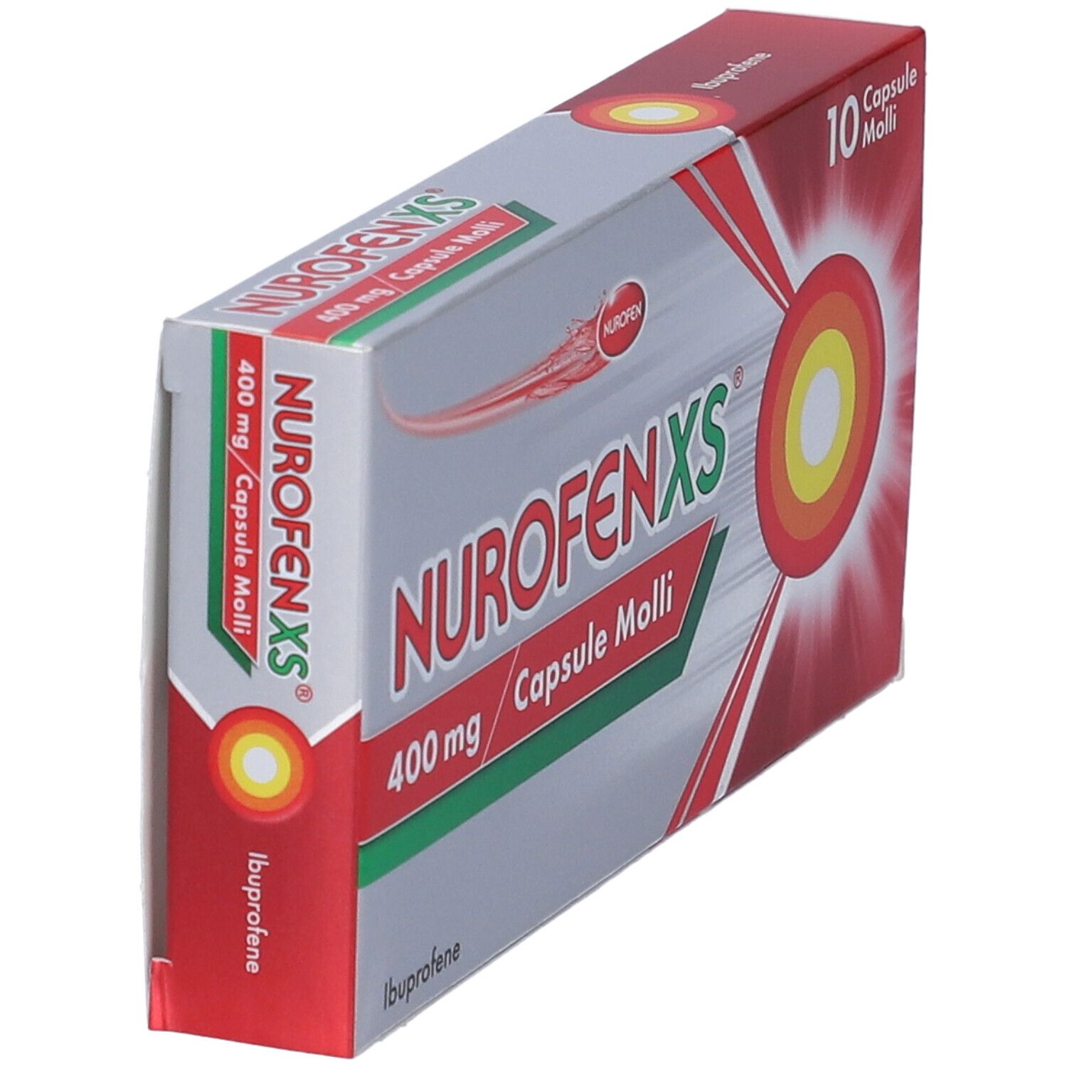 Confezione NurofenXS 400mg. Vista obliqua. Confezione rossa e bianca con logo.