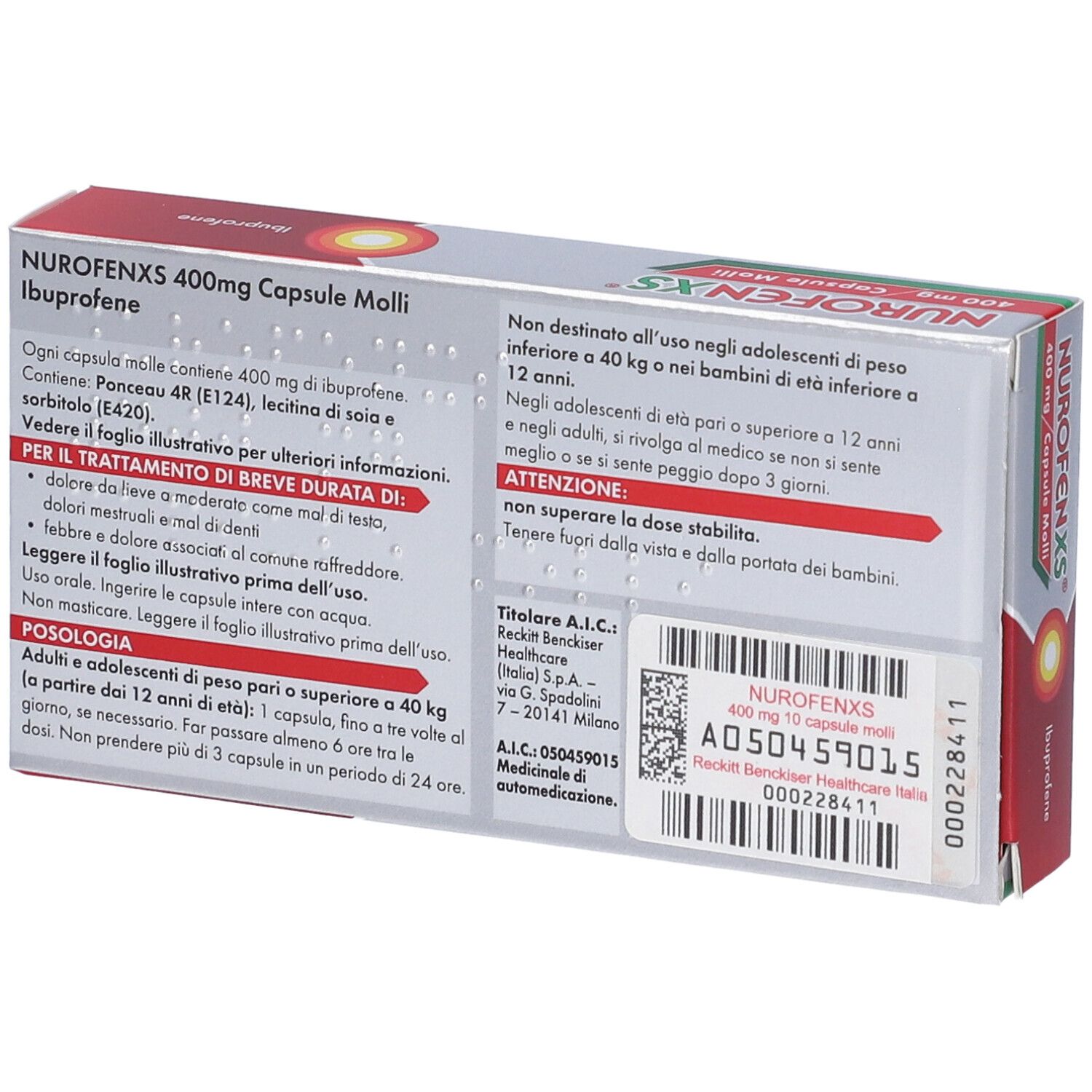 Retro della confezione NurofenXS 400mg. Testo e informazioni.