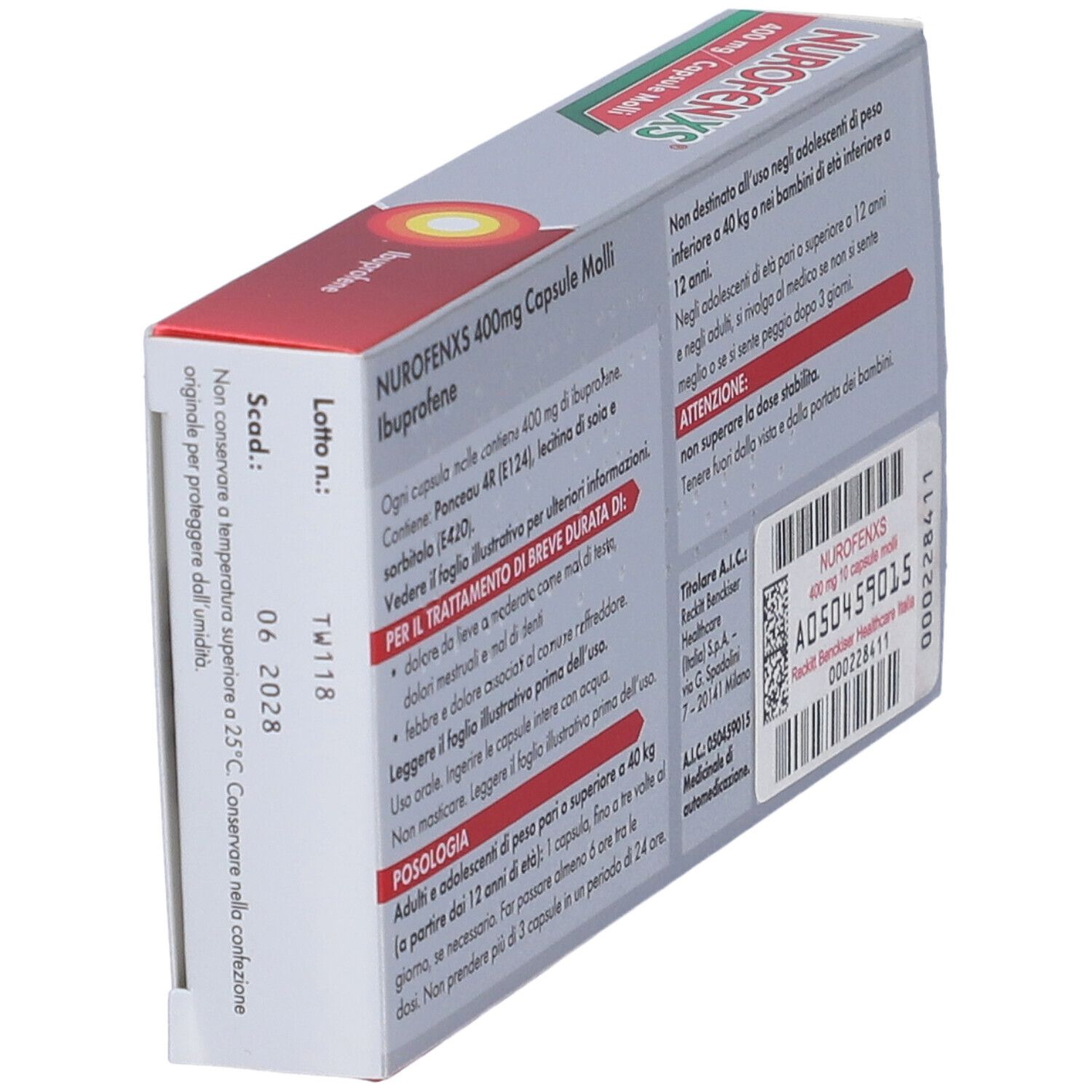 Retro della confezione NurofenXS 400mg. Testo e informazioni.