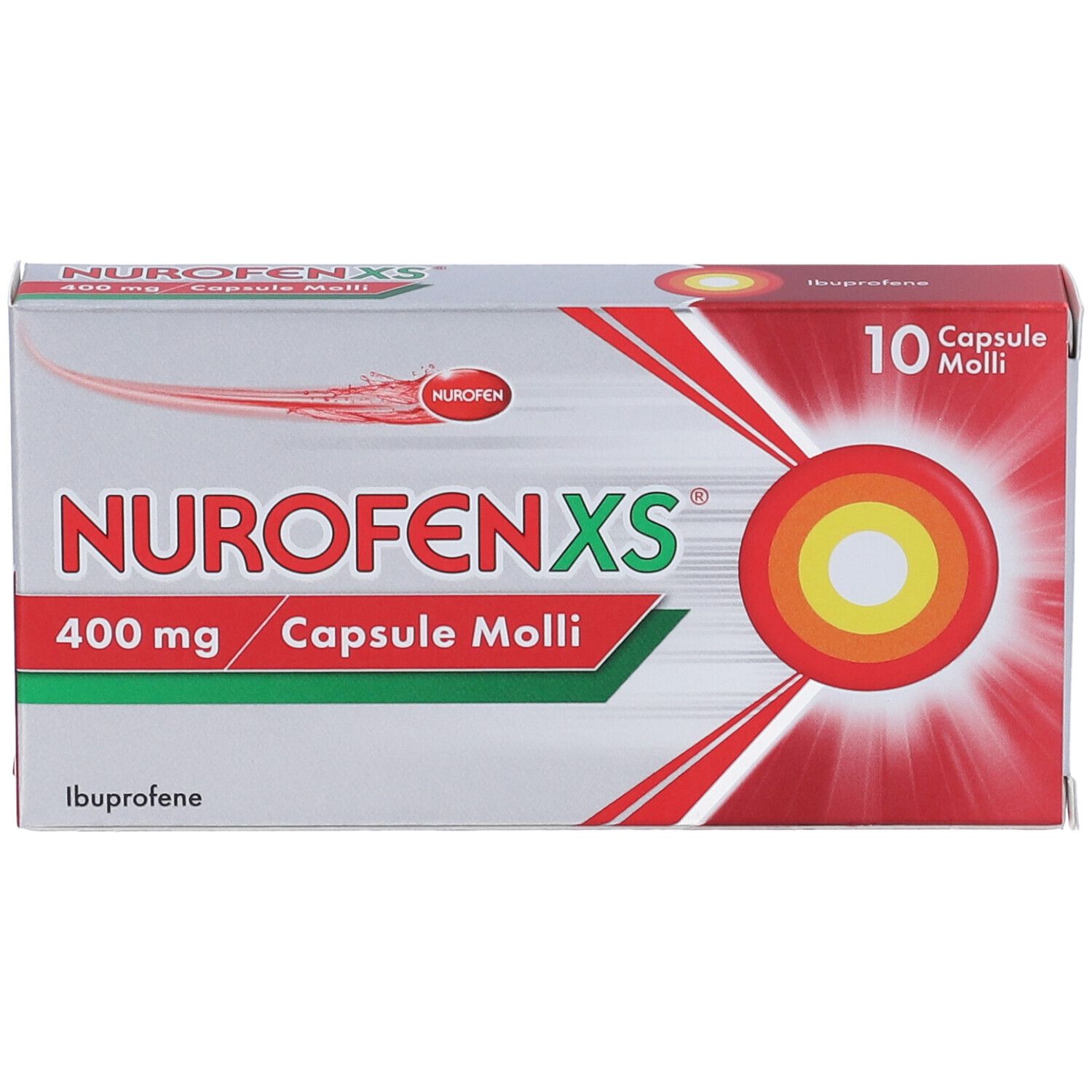 Scatola NurofenXS 400mg. Confezione rossa e bianca con logo e dettagli.