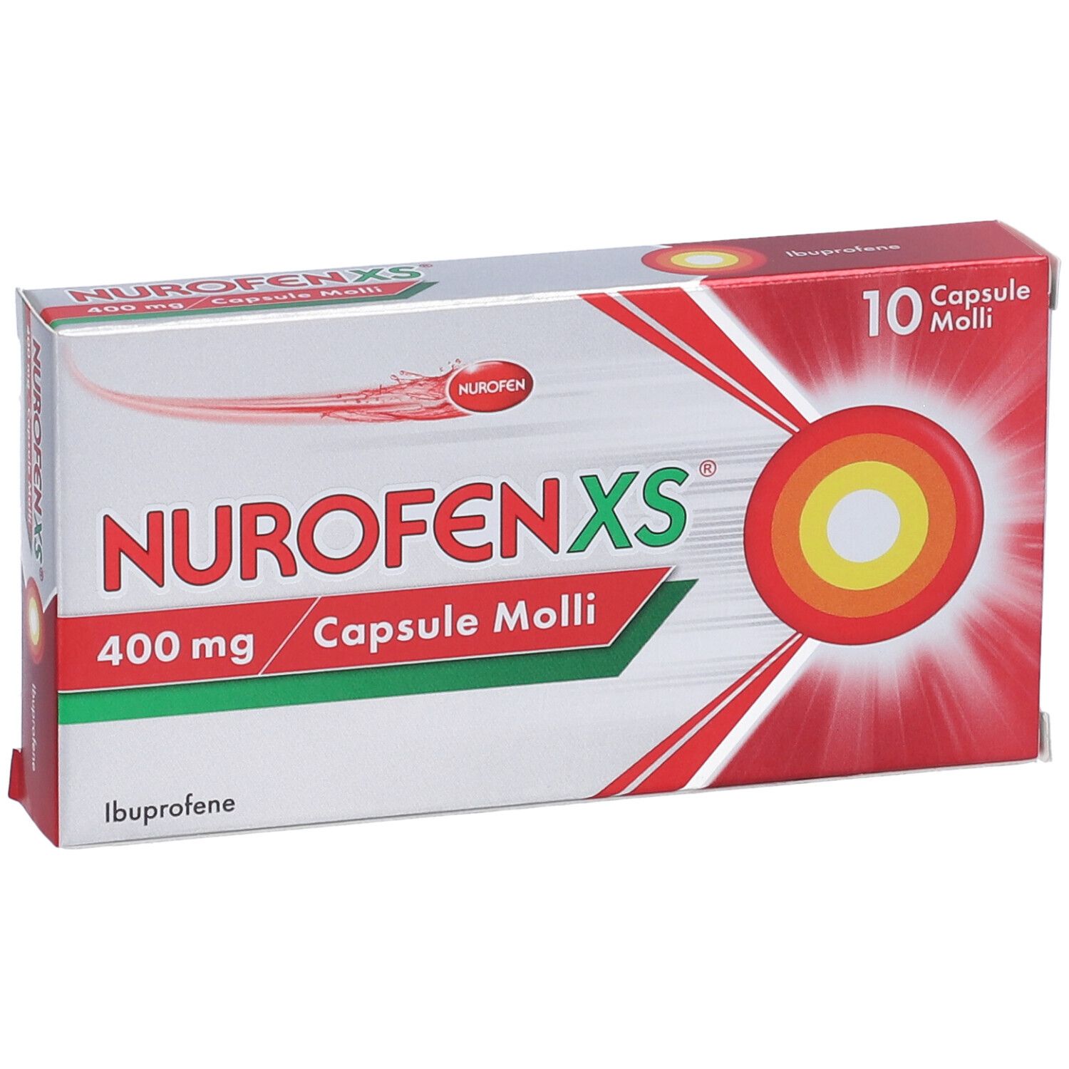 Scatola NurofenXS 400mg. Confezione rossa e bianca con logo e dettagli.