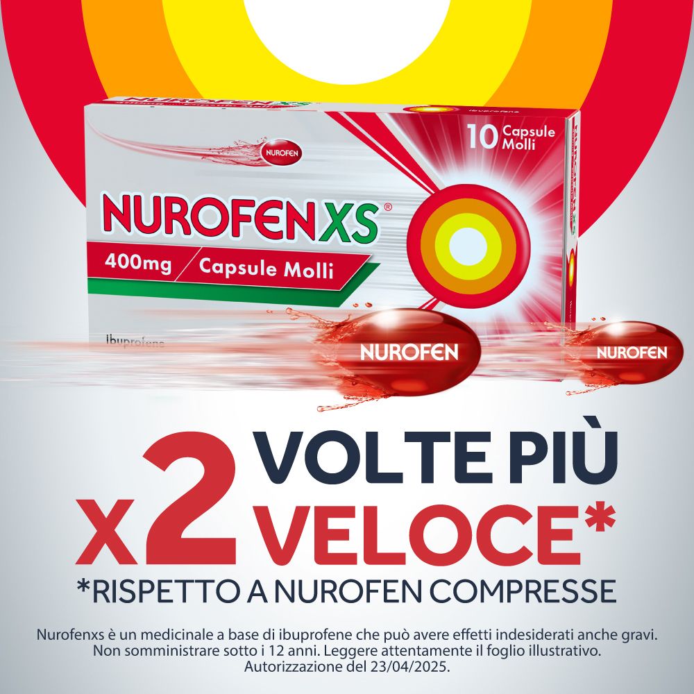 Pubblicità NurofenXS, 400mg, 2 volte più veloce. Capsula rossa, testo e logo su sfondo blu.