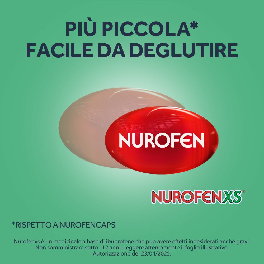 Capsula NurofenXS e un'altra. Testo: 'Più piccola, facile da deglutire'.