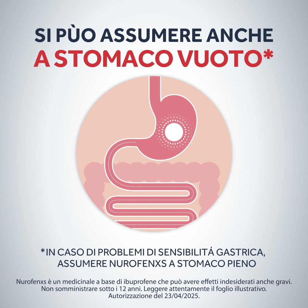 Grafico: stomaco e intestino. Testo: 'Si può assumere anche a stomaco vuoto'.