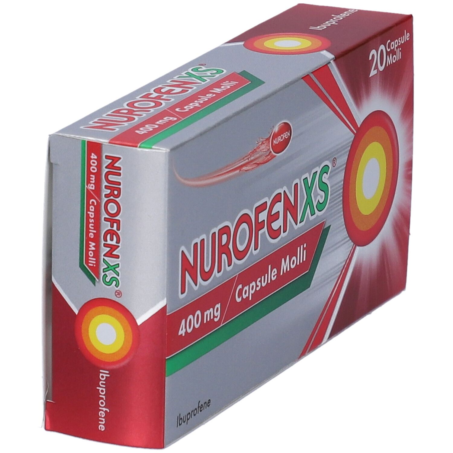 Scatola NurofenXS, 20 capsule. Scritto: 400mg, Capsule Molli. Elementi rossi, gialli e bianchi.