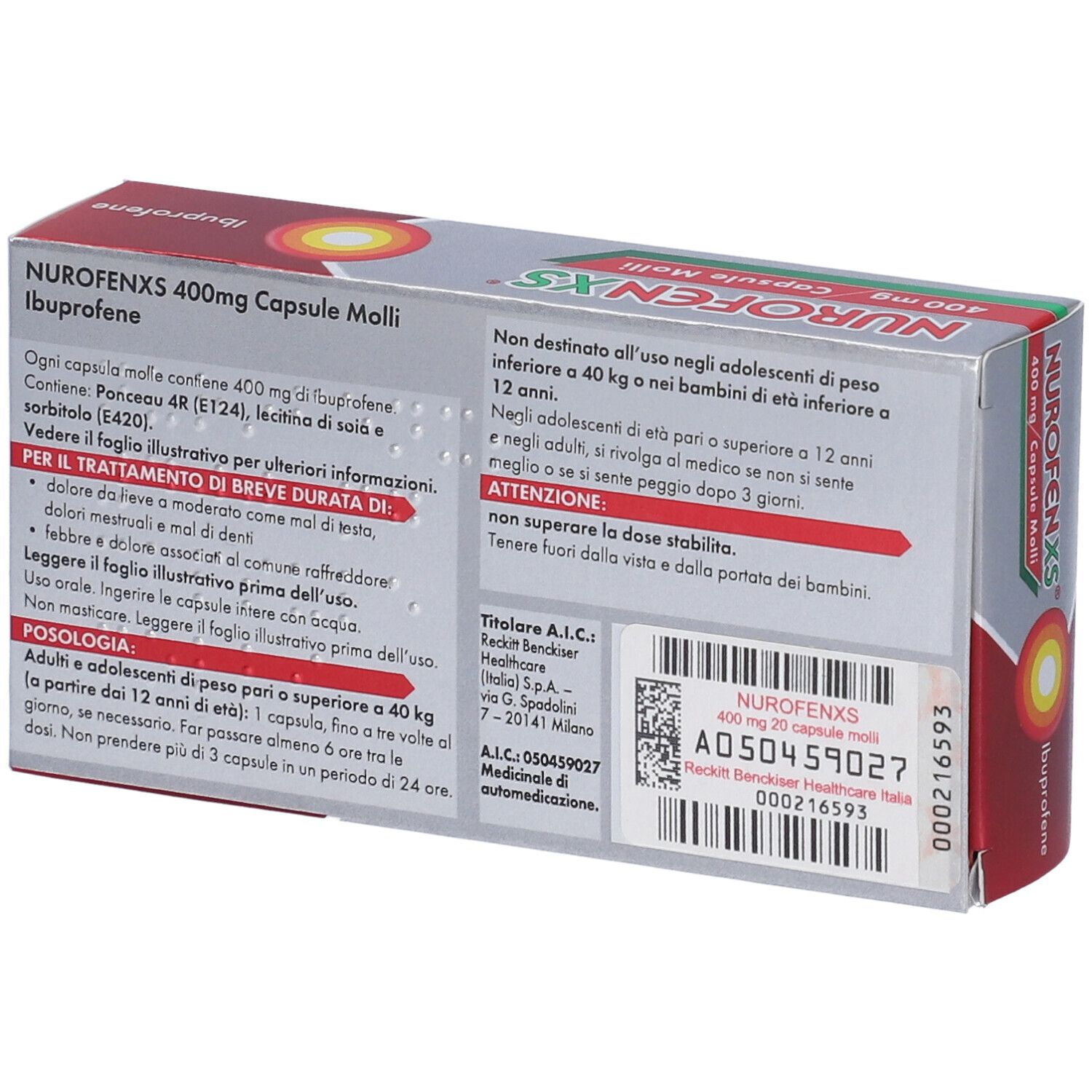 Retro della scatola NurofenXS. Testo e informazioni su ingredienti e utilizzo.