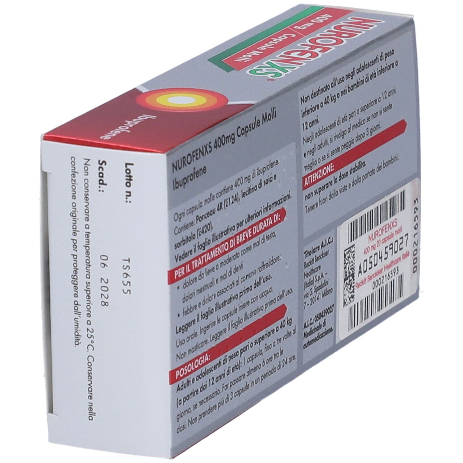 Retro della scatola NurofenXS. Testo e informazioni su ingredienti e utilizzo.