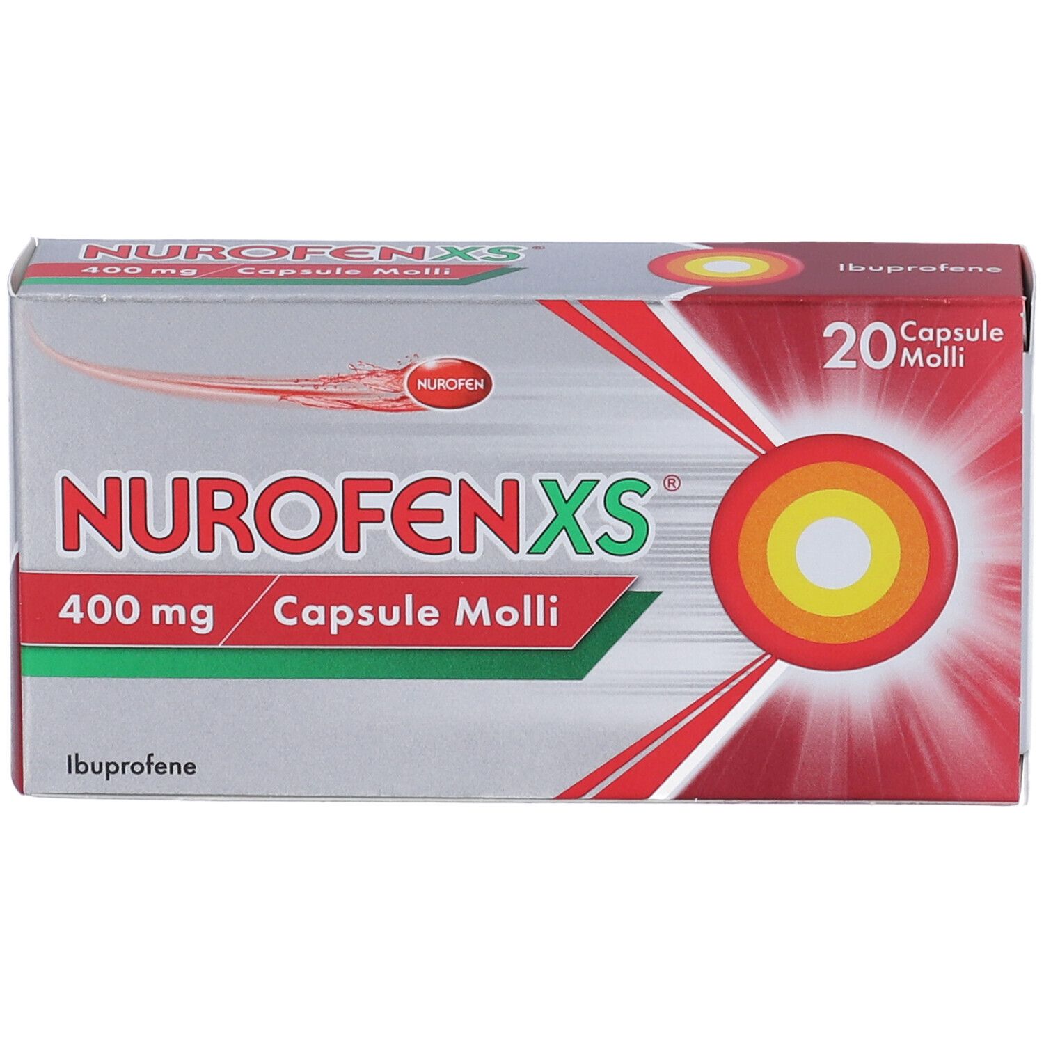 Scatola NurofenXS, 20 capsule. Scritto: 400mg, Capsule Molli. Elementi rossi, gialli e bianchi.