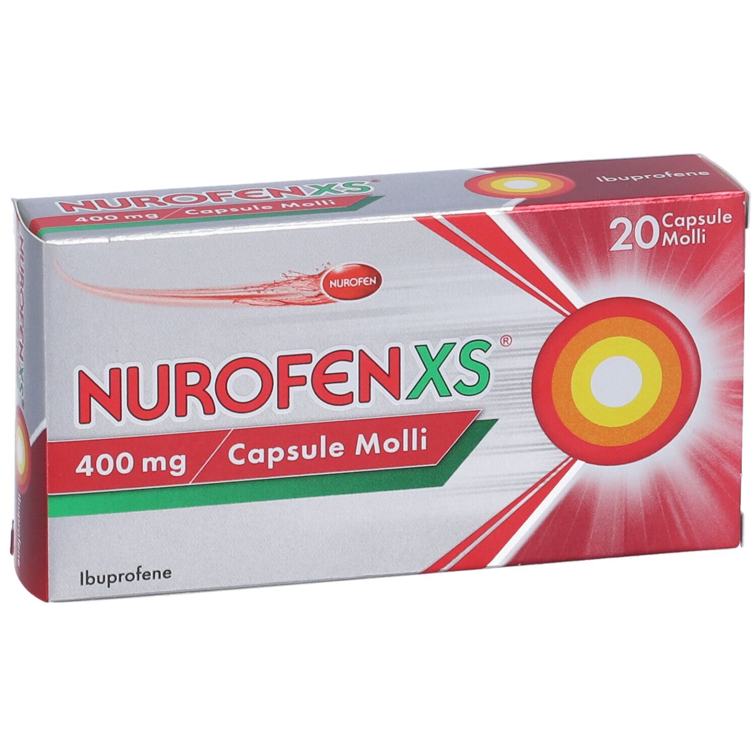 Scatola NurofenXS, 20 capsule. Scritto: 400mg, Capsule Molli. Elementi rossi, gialli e bianchi.