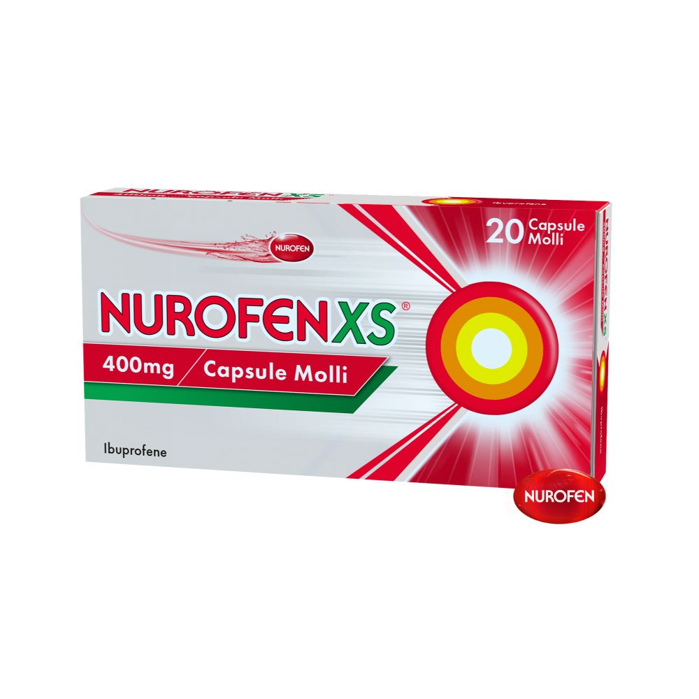 Scatola NurofenXS, 20 capsule. Scritto: 400mg, Capsule Molli. Elementi rossi, gialli e bianchi.