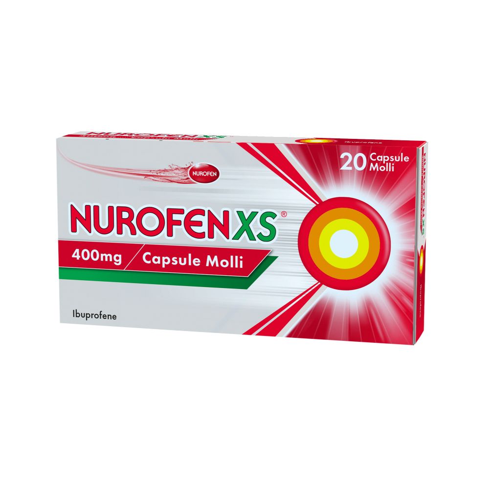 Scatola NurofenXS, 20 capsule. Scritto: 400mg, Capsule Molli. Elementi rossi, gialli e bianchi.