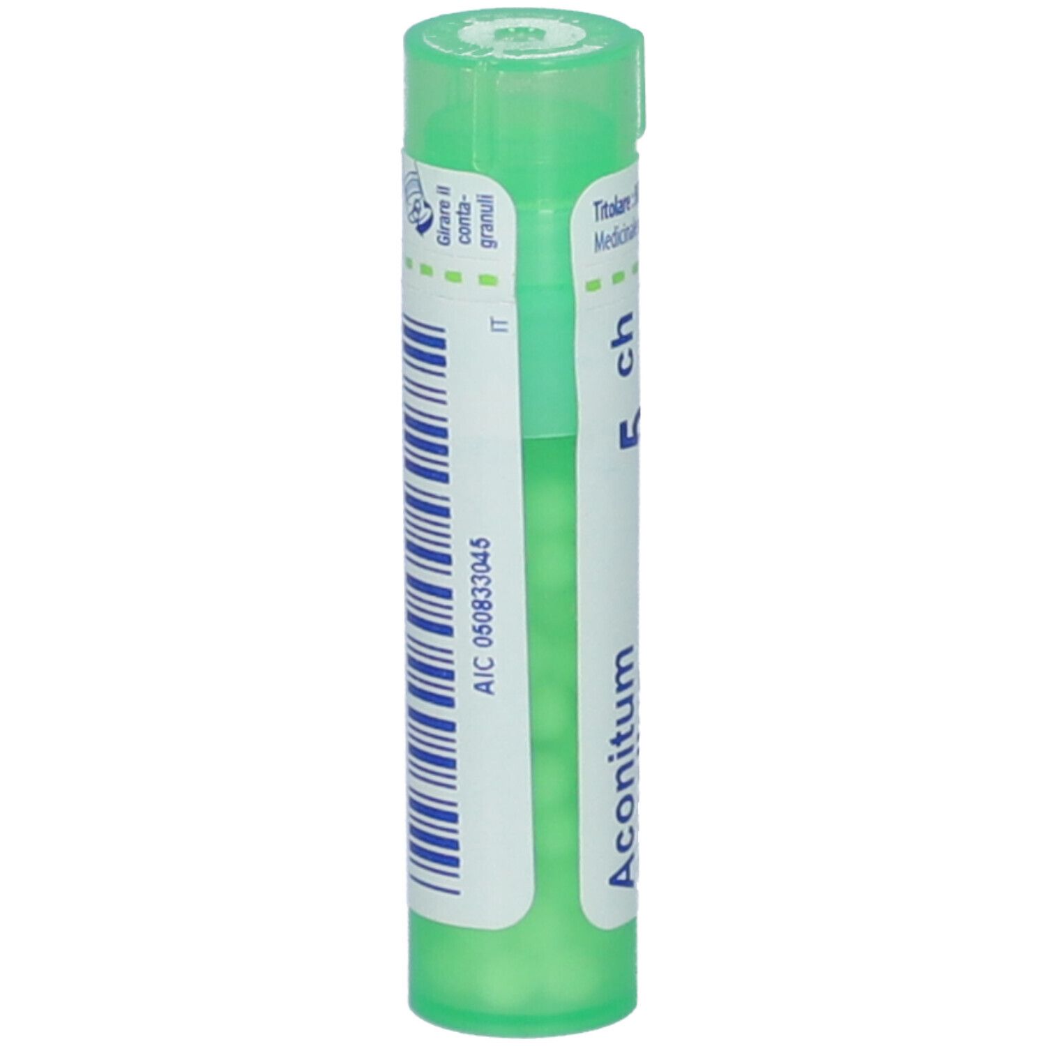 Tubo verde con granuli bianchi. Etichetta con codice a barre e testo. Aconitum.