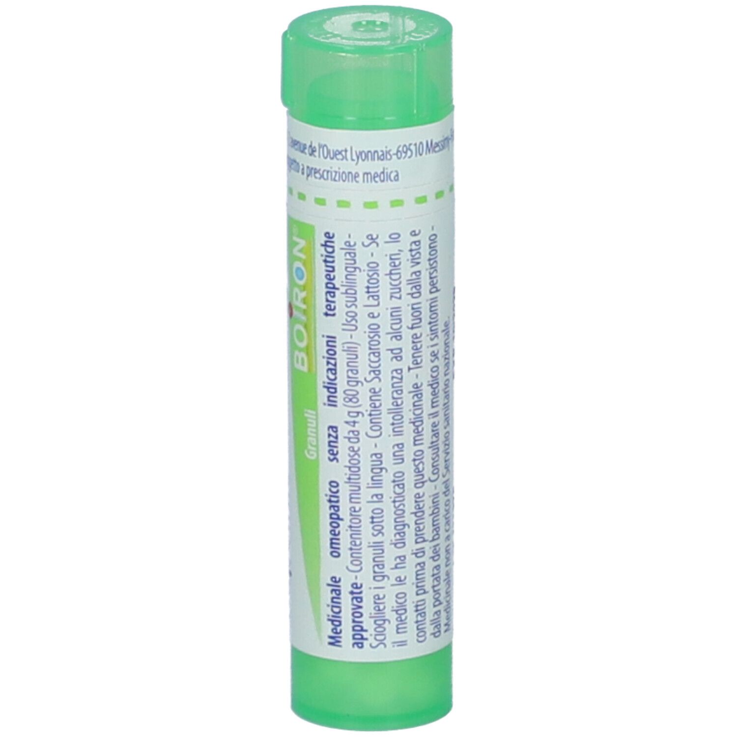Tubo verde con granuli bianchi. Scritta: Boiron, Granuli, Medicinale.