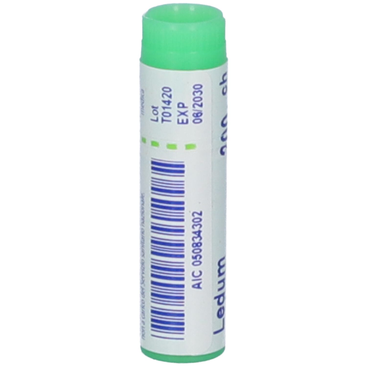 Contenitore cilindrico verde. Codice a barre e numero di lotto. Scritta: Ledum. Medicinale.