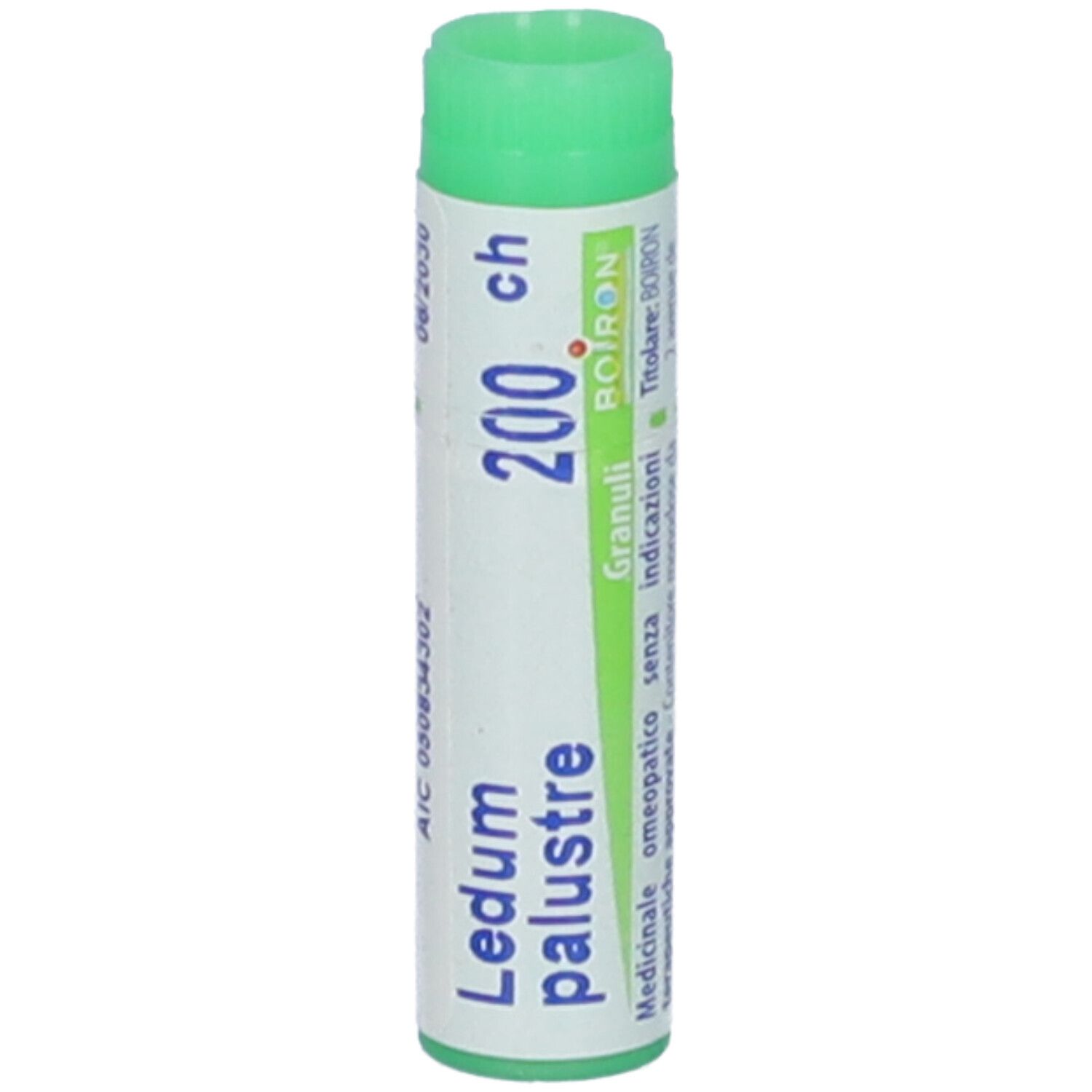 Contenitore cilindrico verde. Scritta: Ledum palustre, 200 ch, Boiron. Medicinale omeopatico.