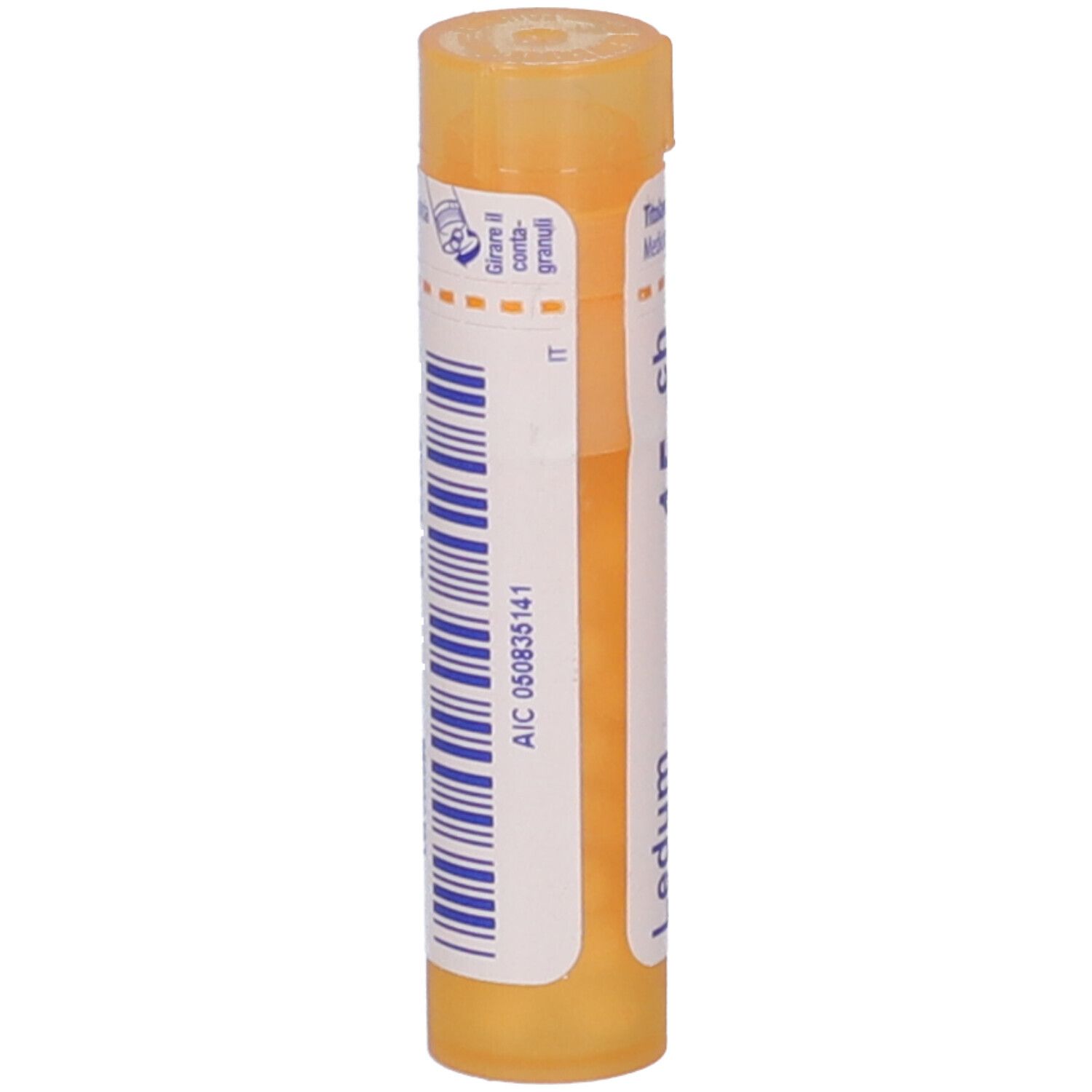 Contenitore cilindrico arancione. Codice a barre e testo: AIC 050835141. Scritta: Ledum.