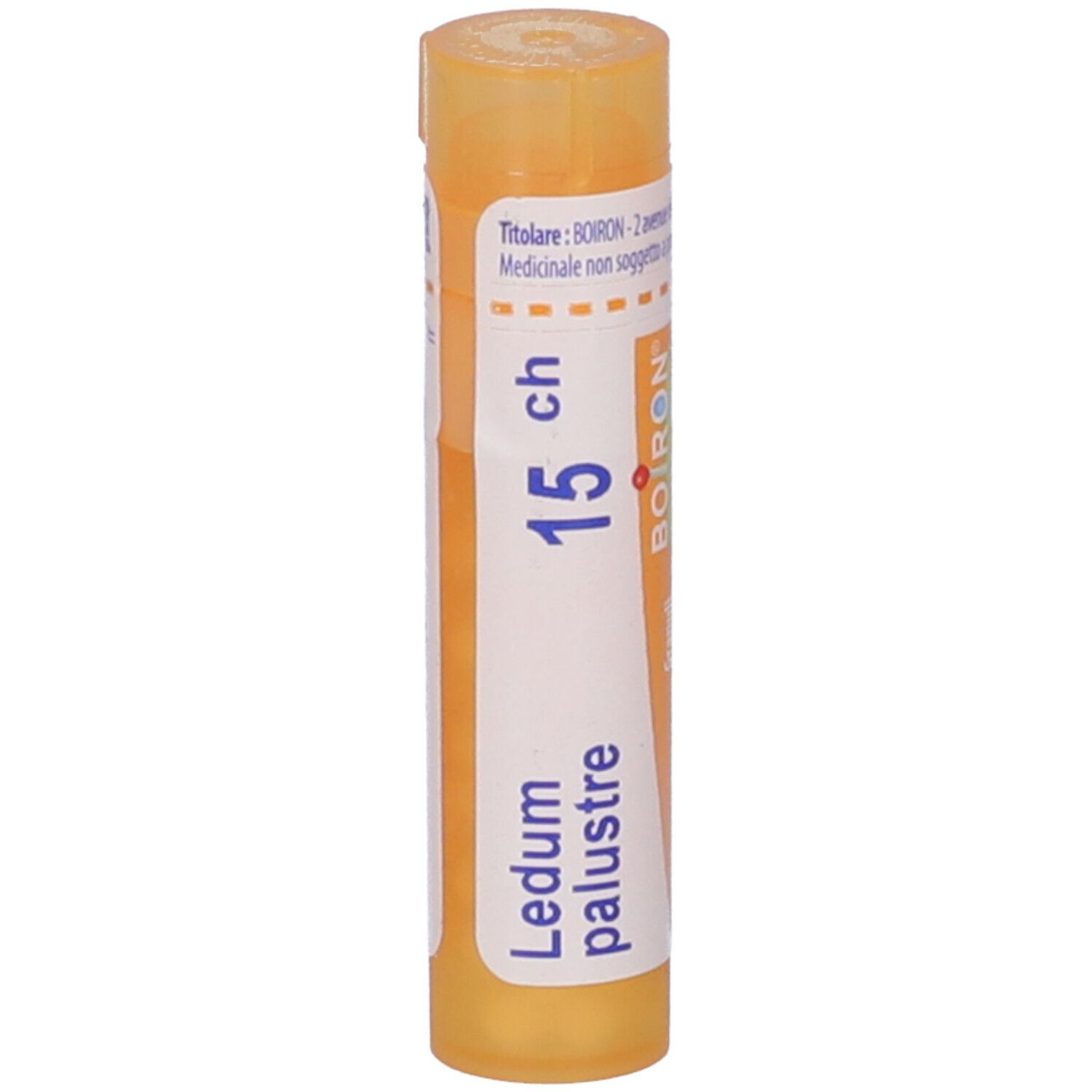 Contenitore cilindrico arancione. Scritta: Ledum palustre 15 ch, Boiron. Contenuto: Granuli.