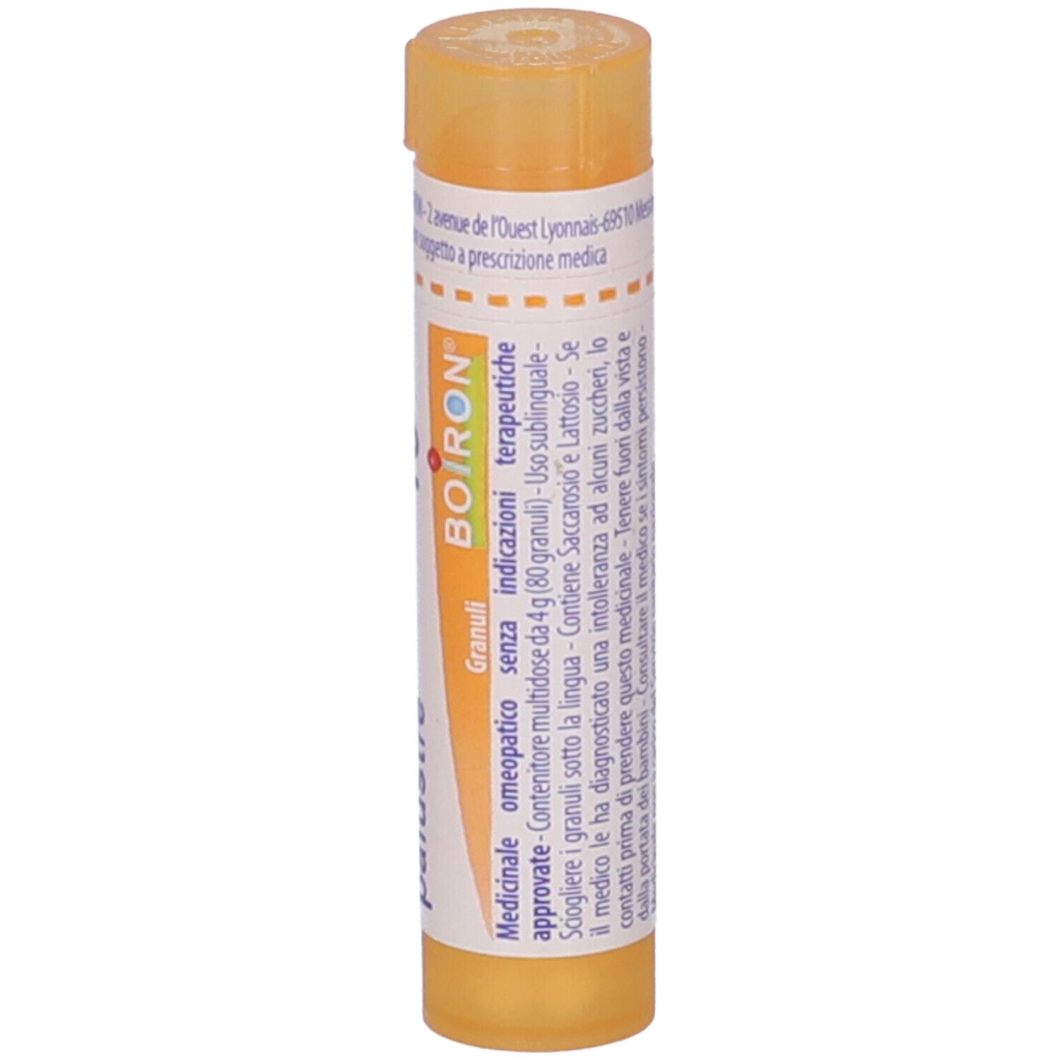 Contenitore cilindrico arancione. Scritta: Boiron, Granuli, senza zucchero. Altri testi.