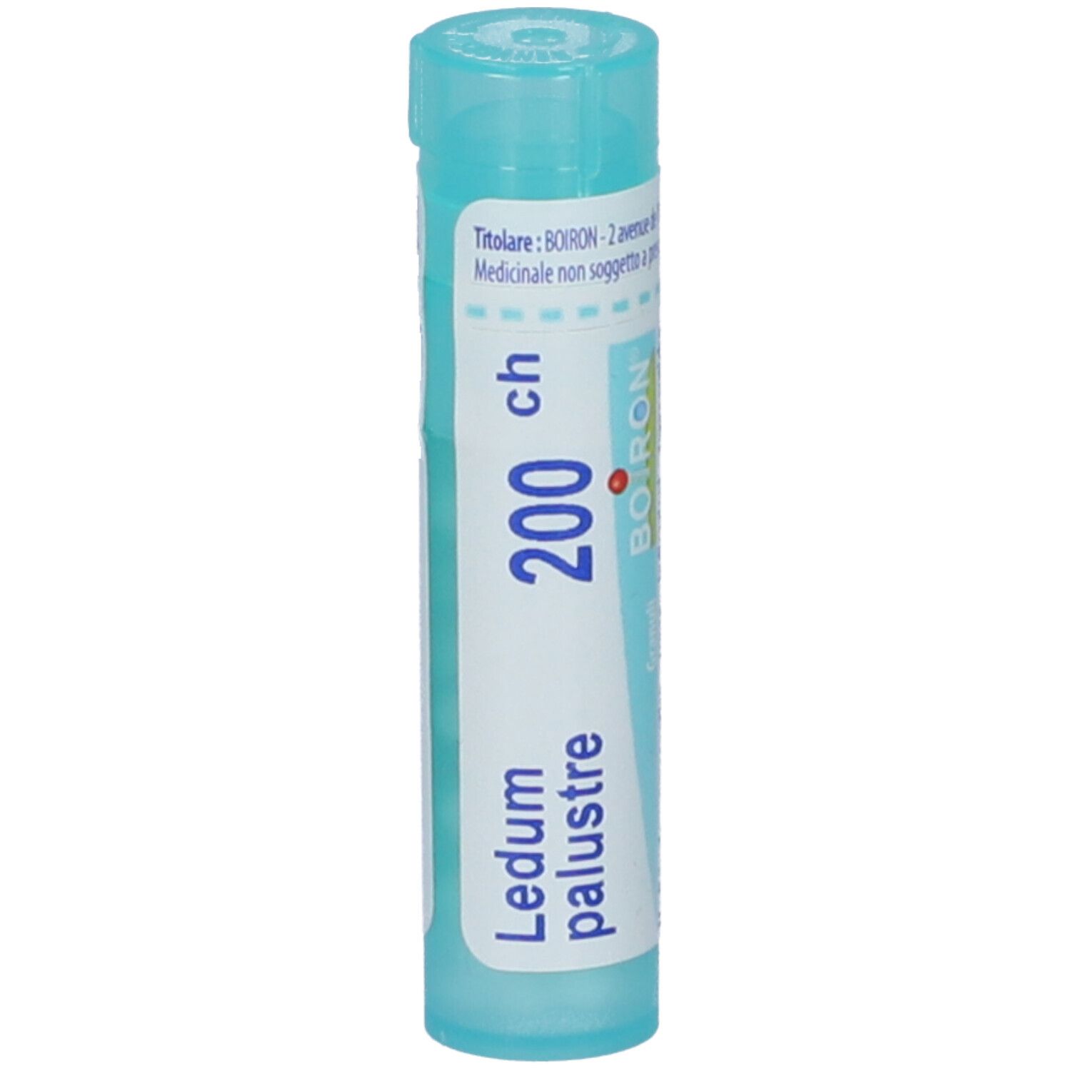 Flacone cilindrico azzurro con etichetta bianca. Scritta: Ledum palustre 200 ch, Boiron.