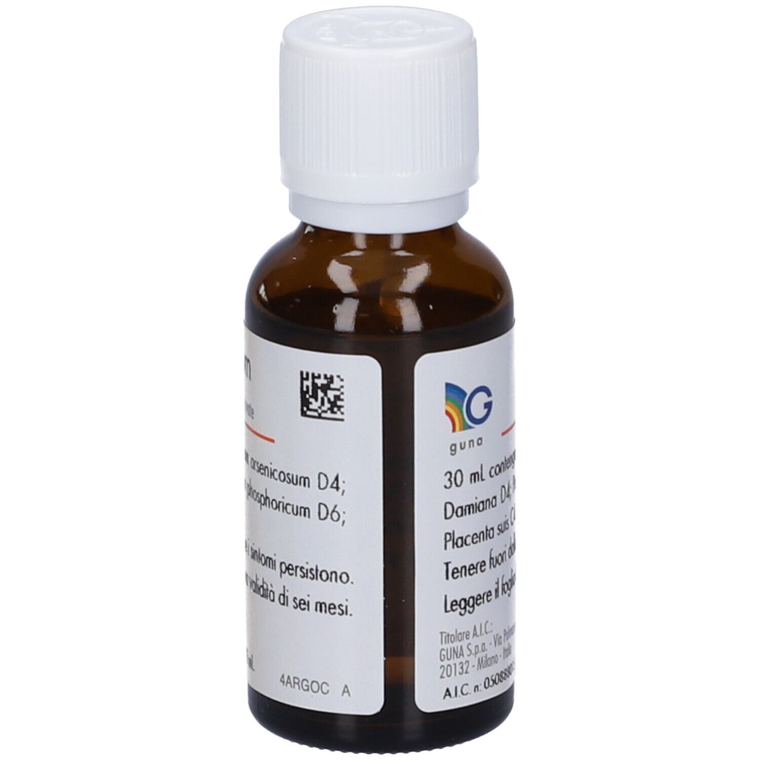 Flacone di vetro marrone con tappo bianco. Scritta: Ginseng Guna compositum. 30 ml. Gocce orali.