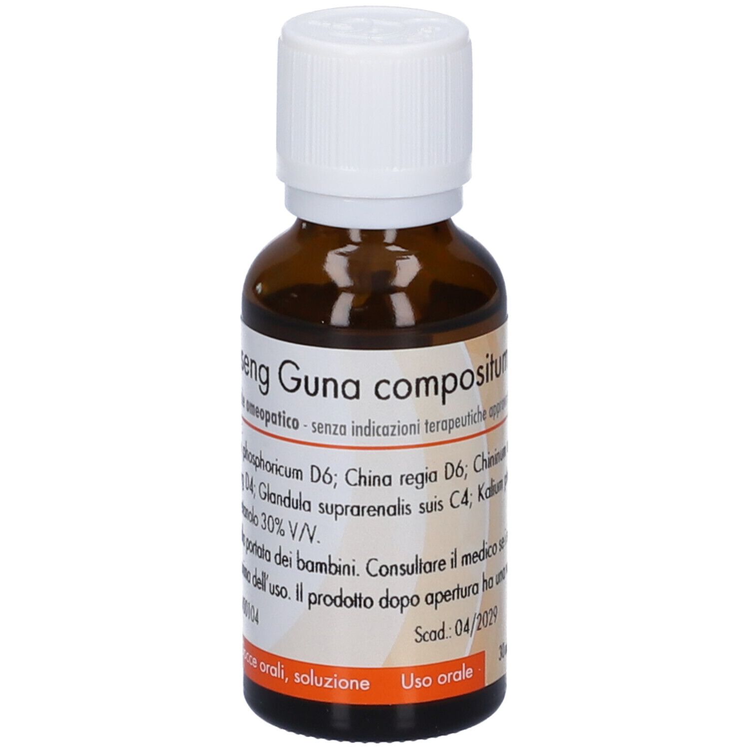 Flacone di vetro marrone con tappo bianco. Scritta: Ginseng Guna compositum. 30 ml. Uso orale.