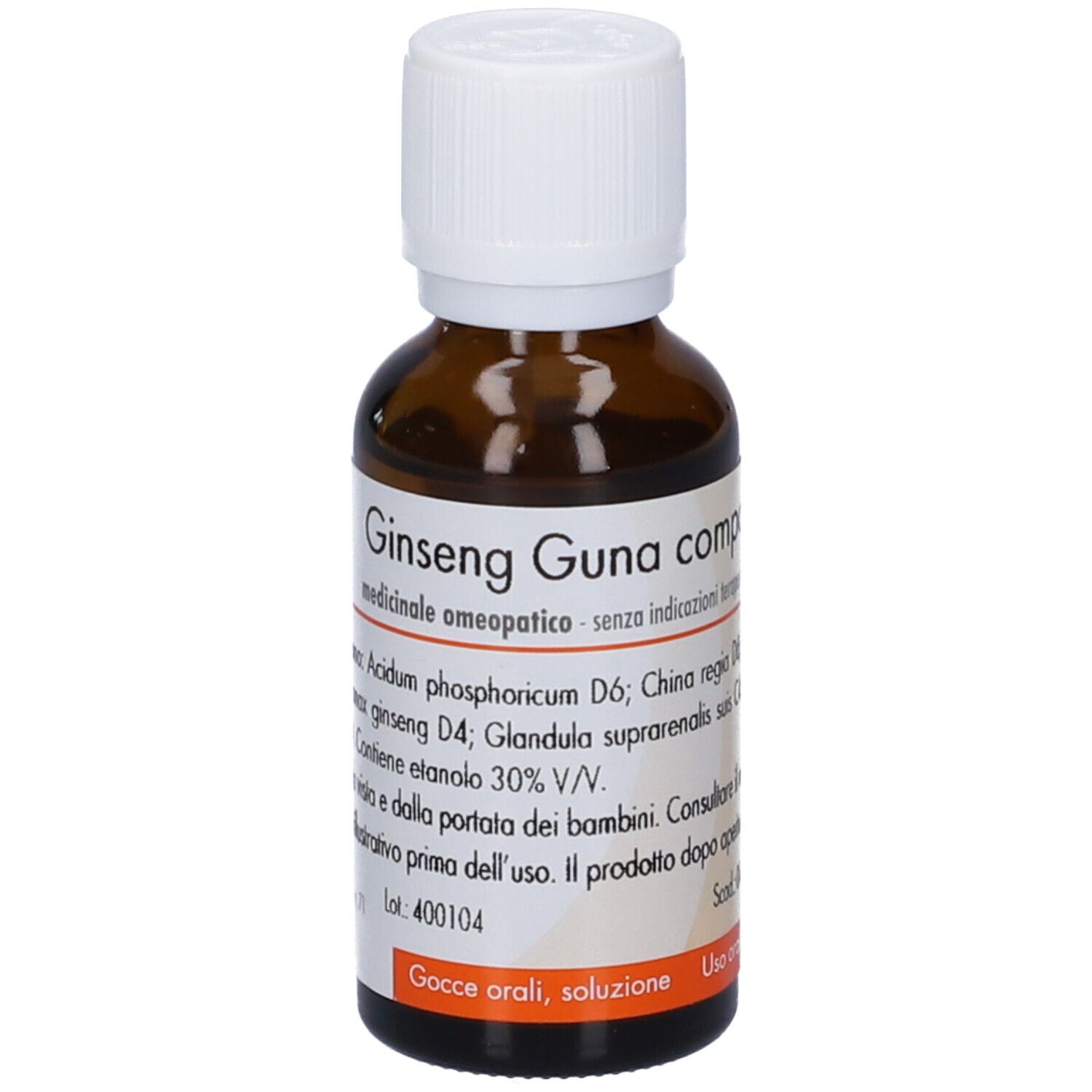 Flacone di vetro marrone con tappo bianco. Scritta: Ginseng Guna compositum. Gocce orali, soluzione.