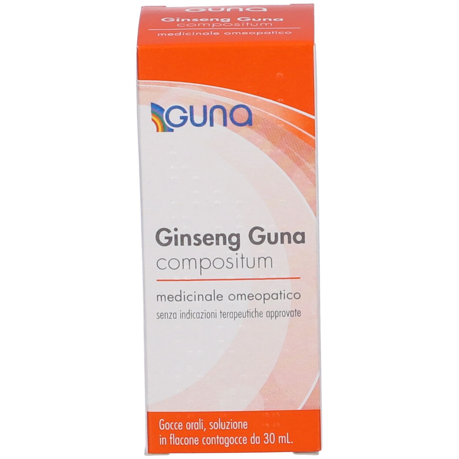 Confezione del prodotto. Scatola bianco-arancione con nome e logo del prodotto. Scritta: Ginseng Guna compositum.