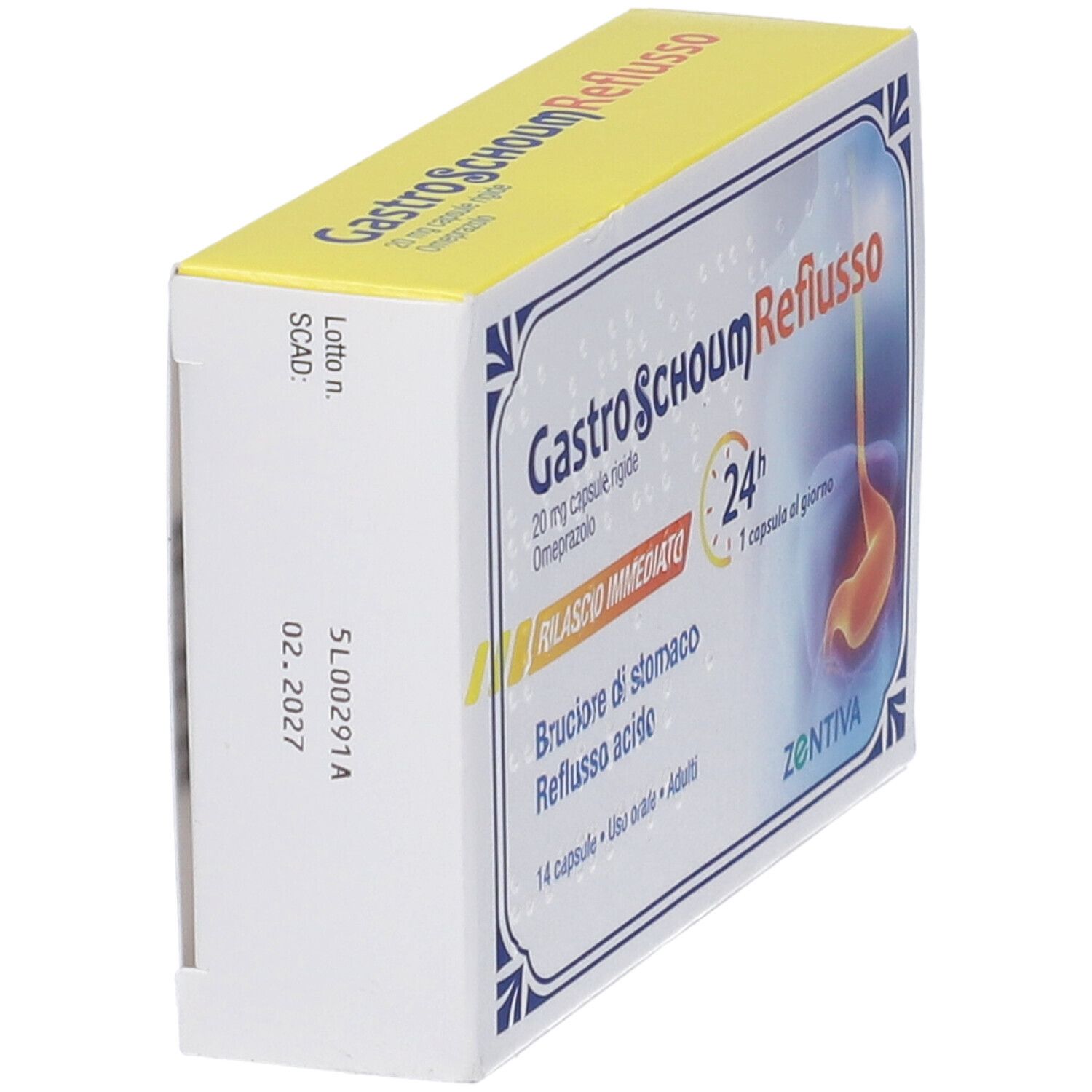 Vista laterale della scatola GastroSchoum Reflusso. Contiene capsule da 20 mg. Scritto: 24h, 1 capsula al giorno. Zentiva.