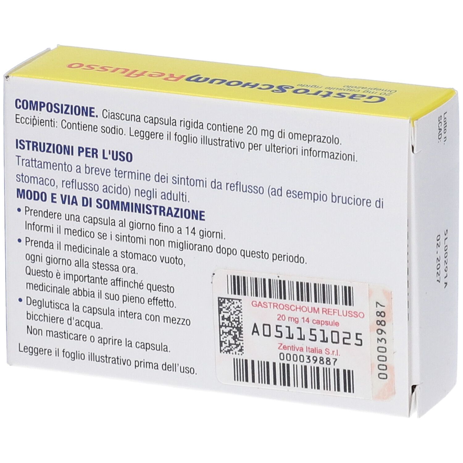 Retro della scatola GastroSchoum Reflusso. Contiene informazioni e codice QR. Produttore: Zentiva.