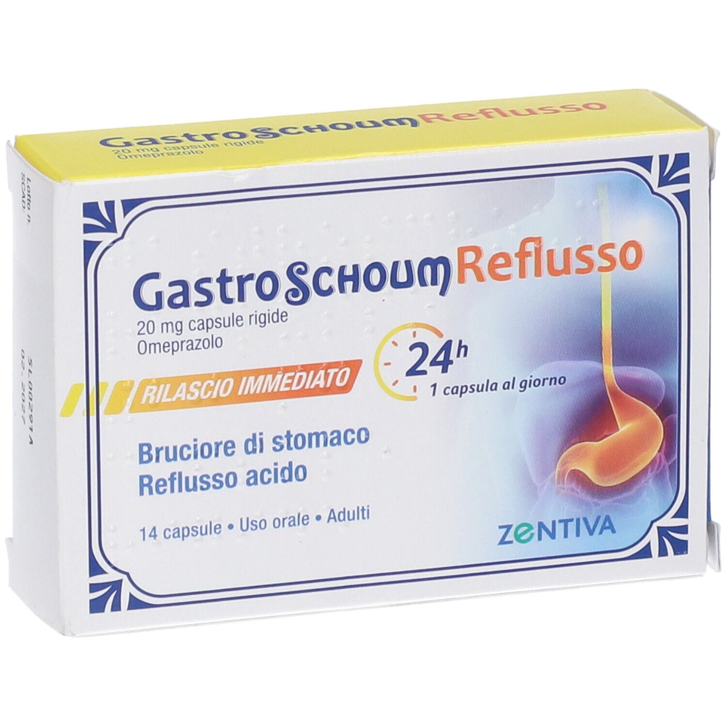 Scatola di GastroSchoum Reflusso. Contiene capsule da 20 mg. Scritto: 24h, 1 capsula al giorno. Zentiva.