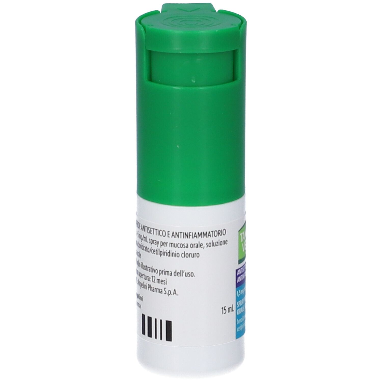 Flacone spray verde e bianco. Scritta: TANTUM VERDE, antisettico e antinfiammatorio. Con codice a barre.