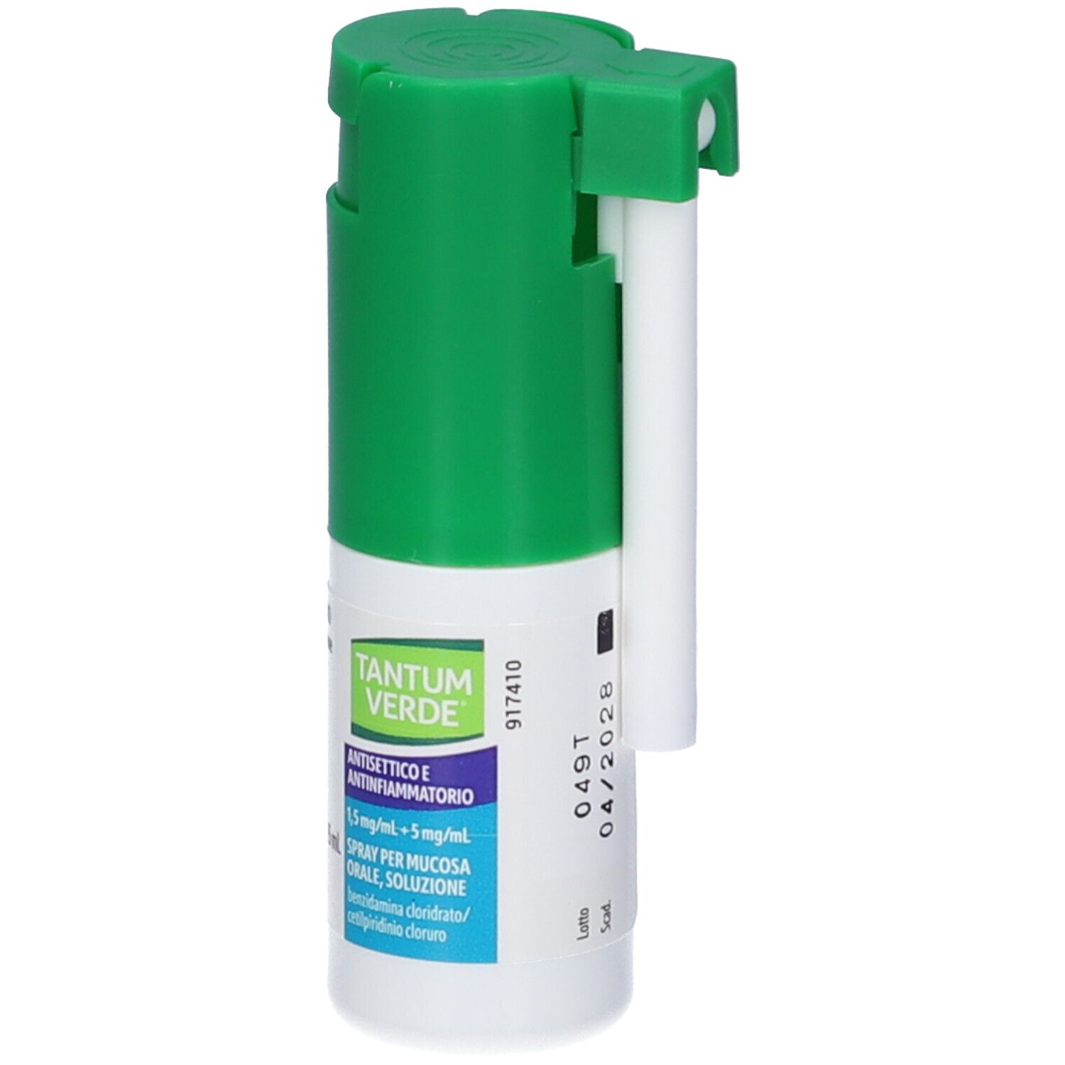 Flacone spray verde e bianco. Scritta: TANTUM VERDE, antisettico e antinfiammatorio. Con data.