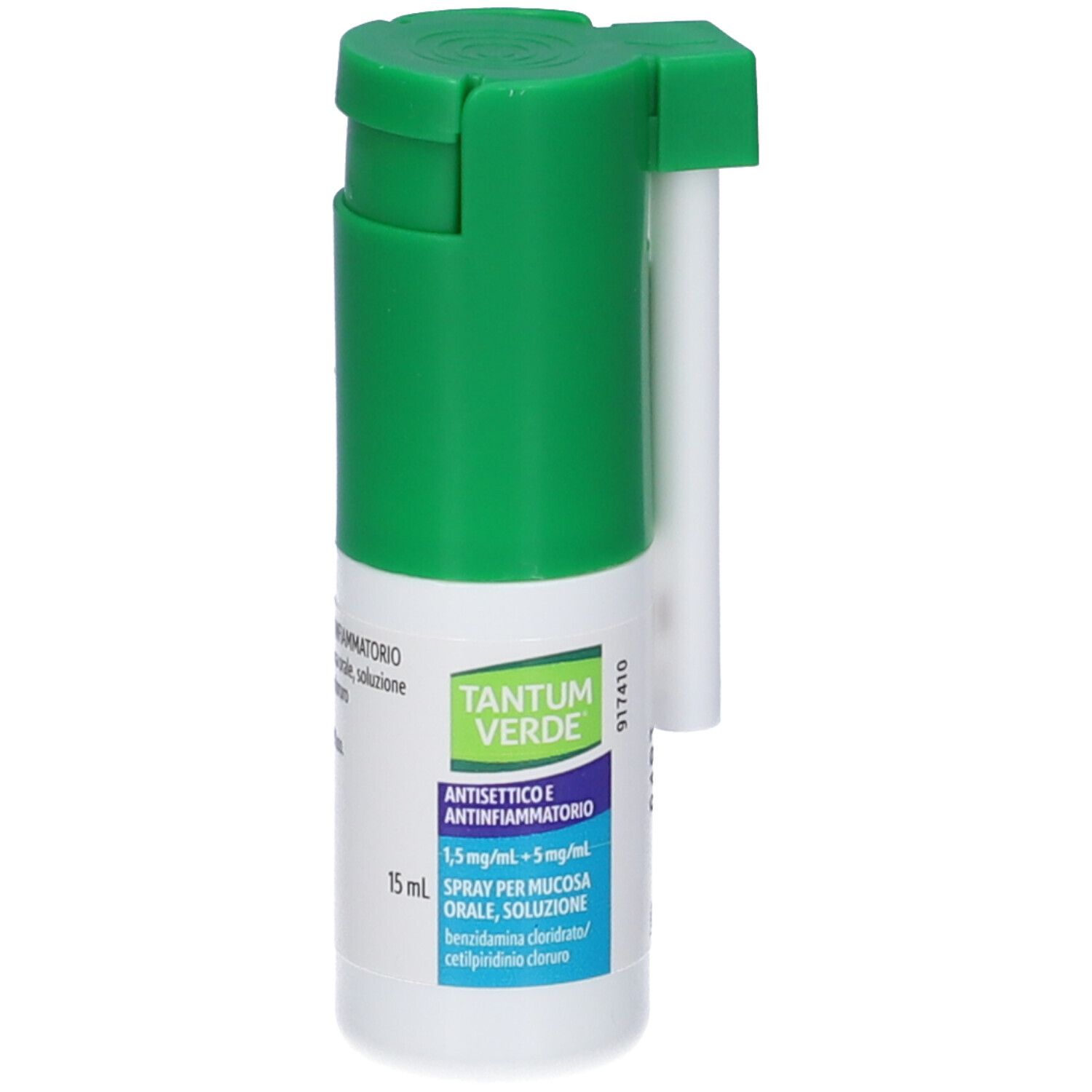 Flacone spray verde e bianco. Scritta: TANTUM VERDE, antisettico e antinfiammatorio. Con applicatore.
