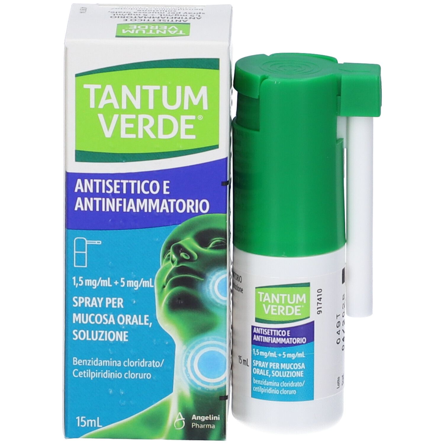 Prodotto e confezione. Flacone spray verde e scatola. Scritta: TANTUM VERDE, antisettico e antinfiammatorio.