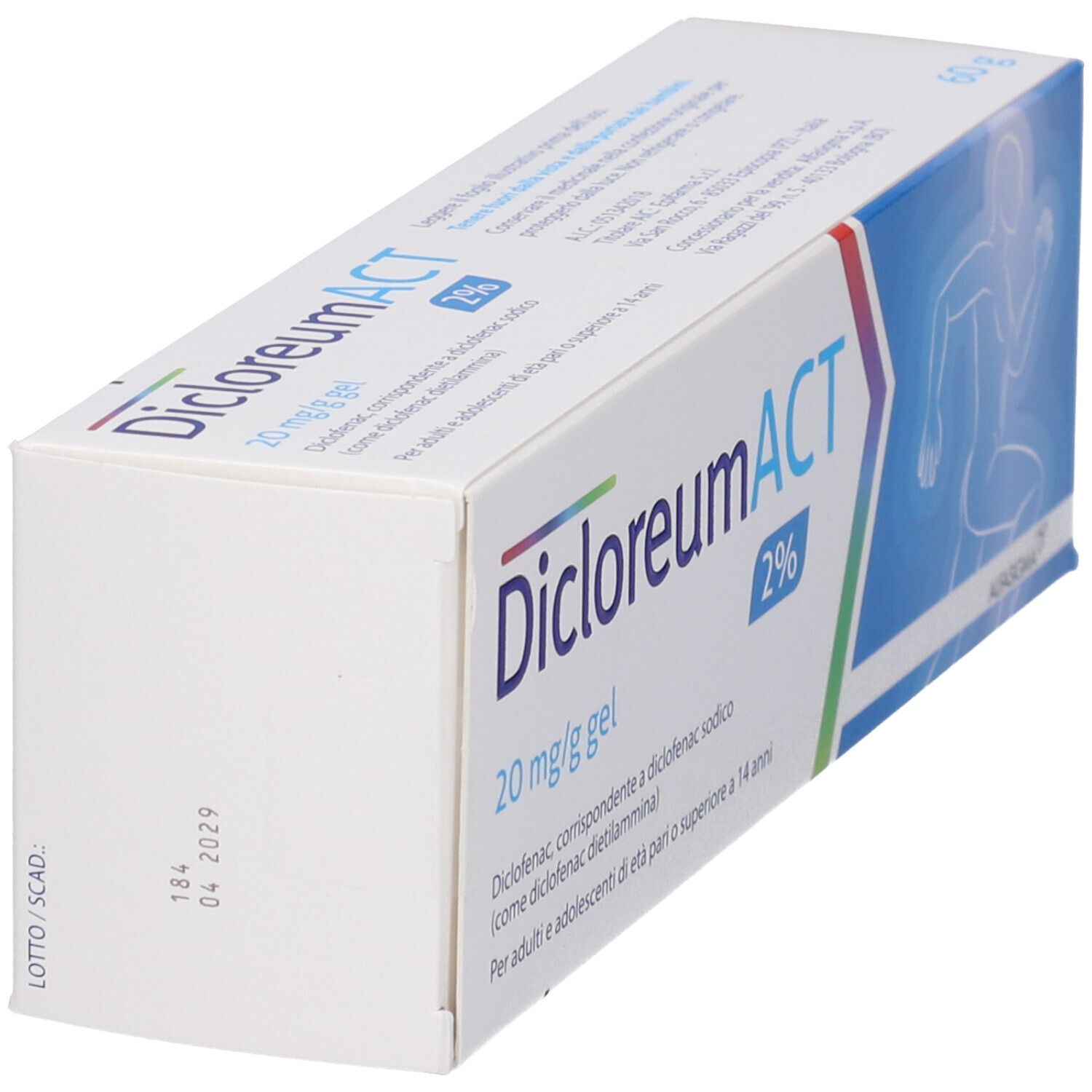 Confezione DicloreumACT Gel 2% di lato. A sinistra numero di lotto e data di scadenza.