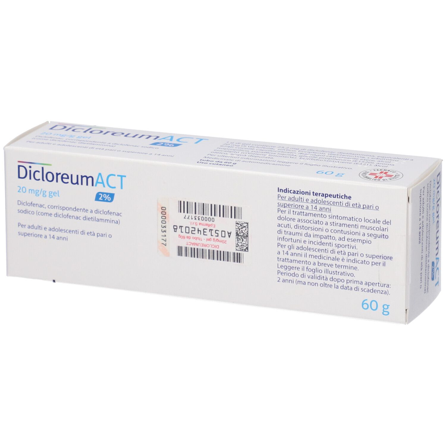 Confezione DicloreumACT Gel 2% da 60g. Retro con indicazioni e codice a barre.