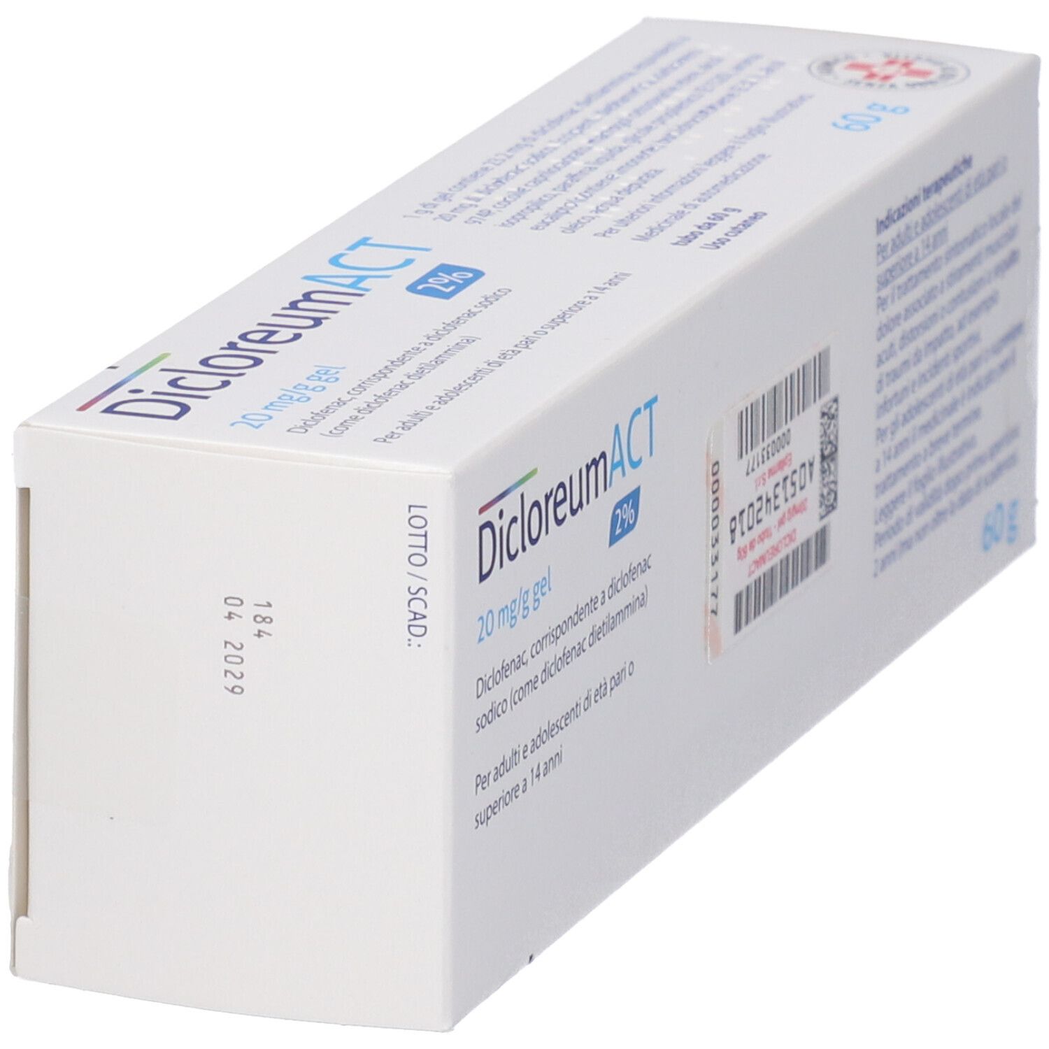 Confezione DicloreumACT Gel 2% di lato. A destra numero di lotto e data di scadenza.