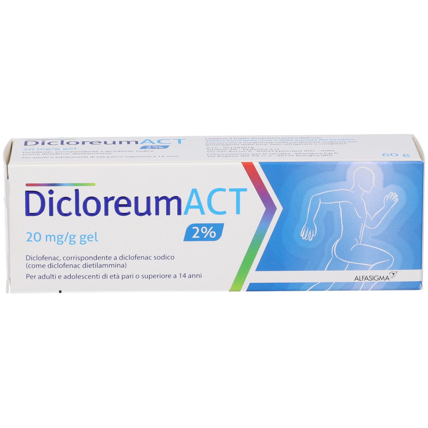 Confezione DicloreumACT Gel 2% da 60g. Fronte con grafica blu e silhouette umana.