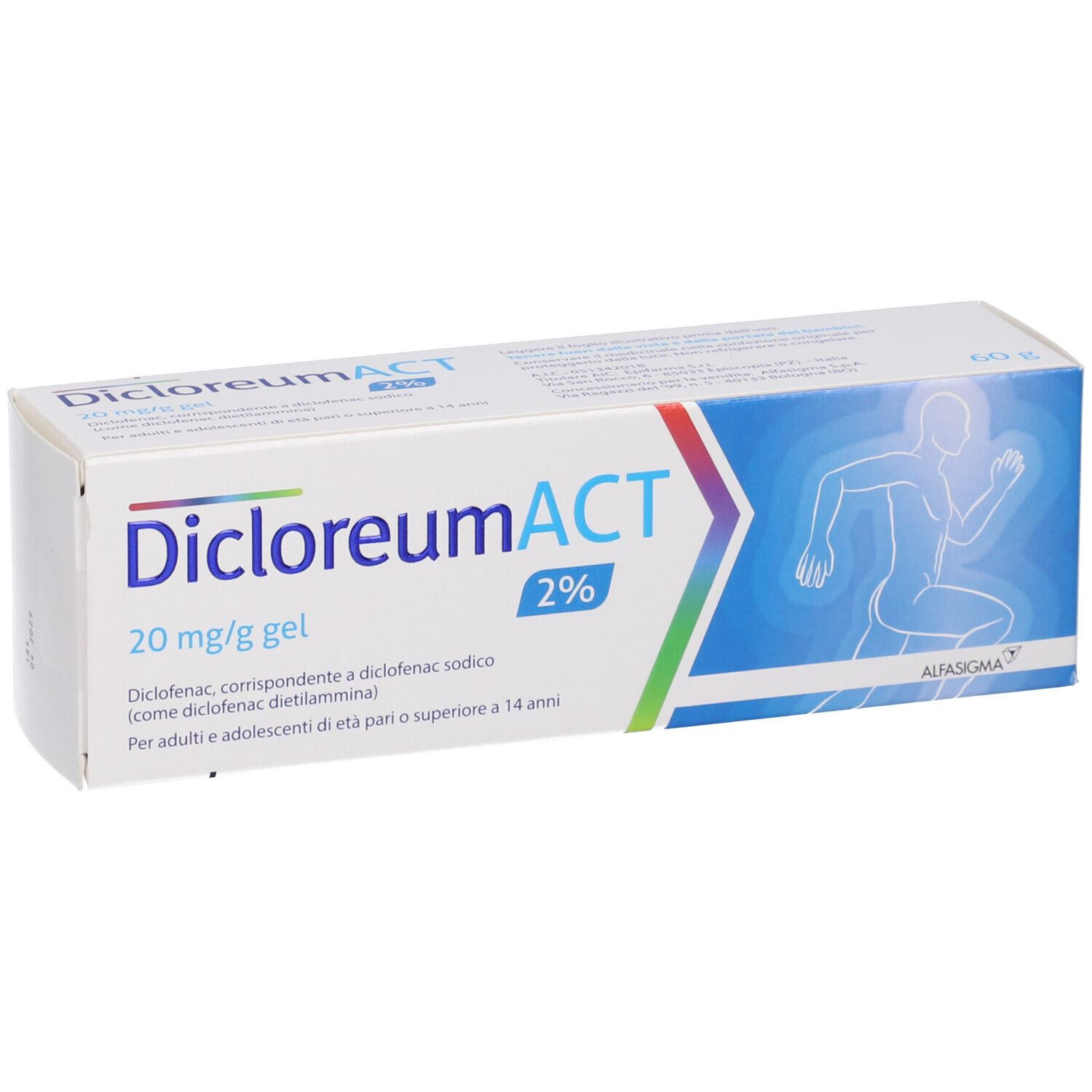 Confezione DicloreumACT Gel 2% da 60g. Fronte con grafica blu e silhouette umana.