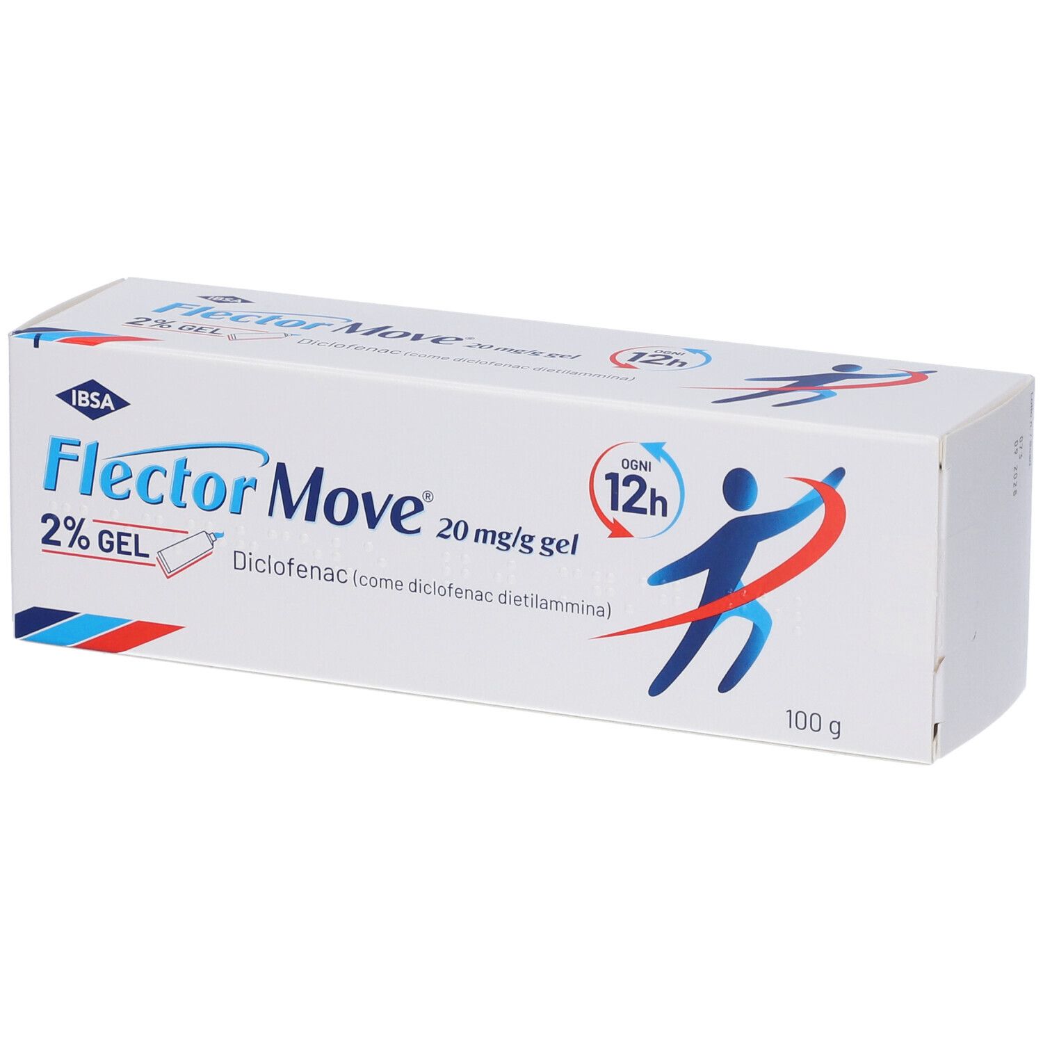 Confezione di Flector Move Gel. Bianca, rettangolare, con accenti blu e rossi. Nome del prodotto e dosaggio ben visibili.