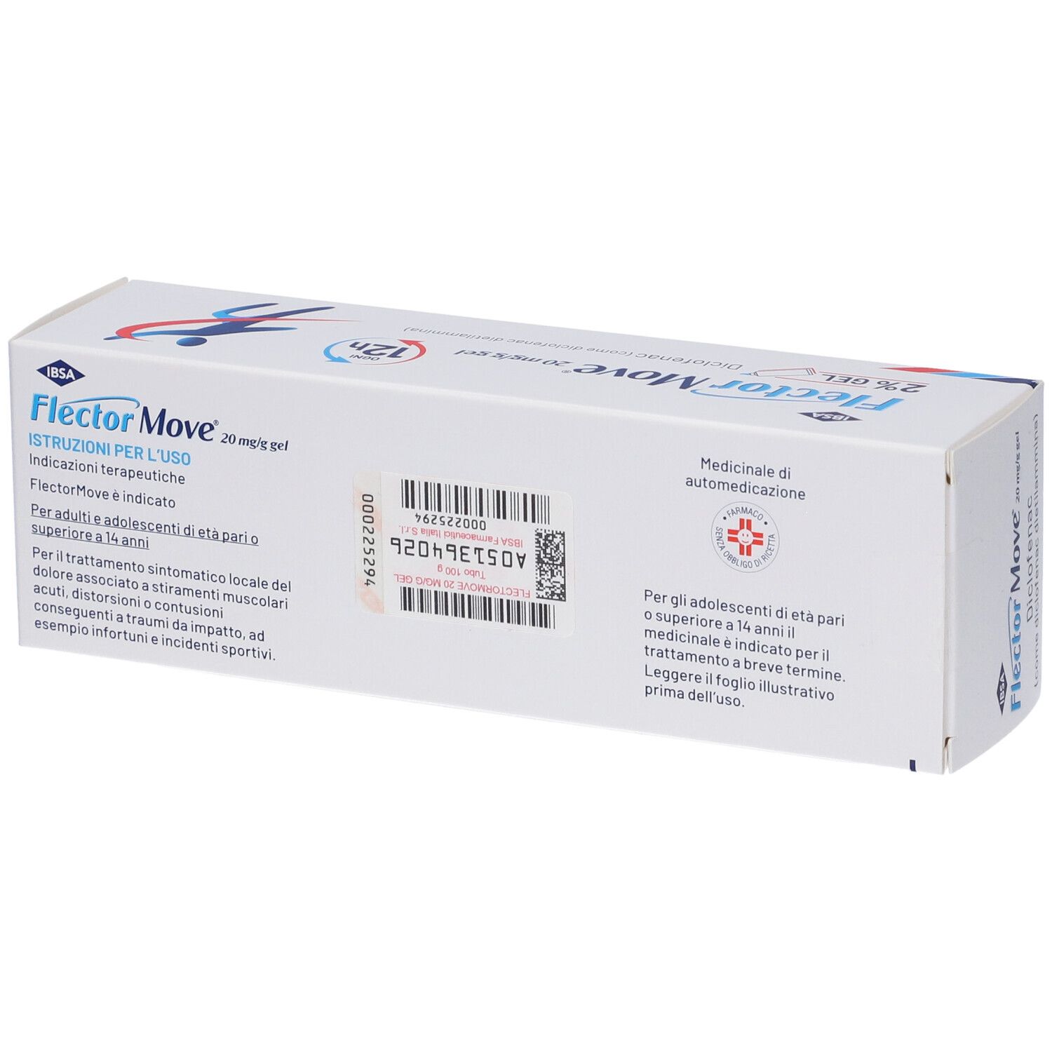 Retro della confezione in cartone bianco. Testo in italiano. Codice a barre e altre informazioni.