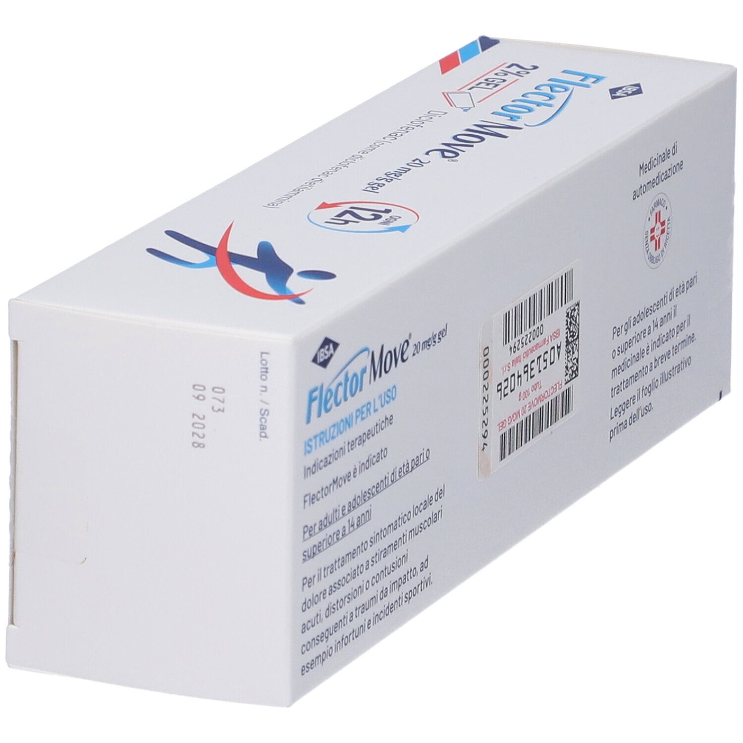 Vista laterale della confezione in cartone bianco. Testo in italiano. Codice a barre e data di scadenza.
