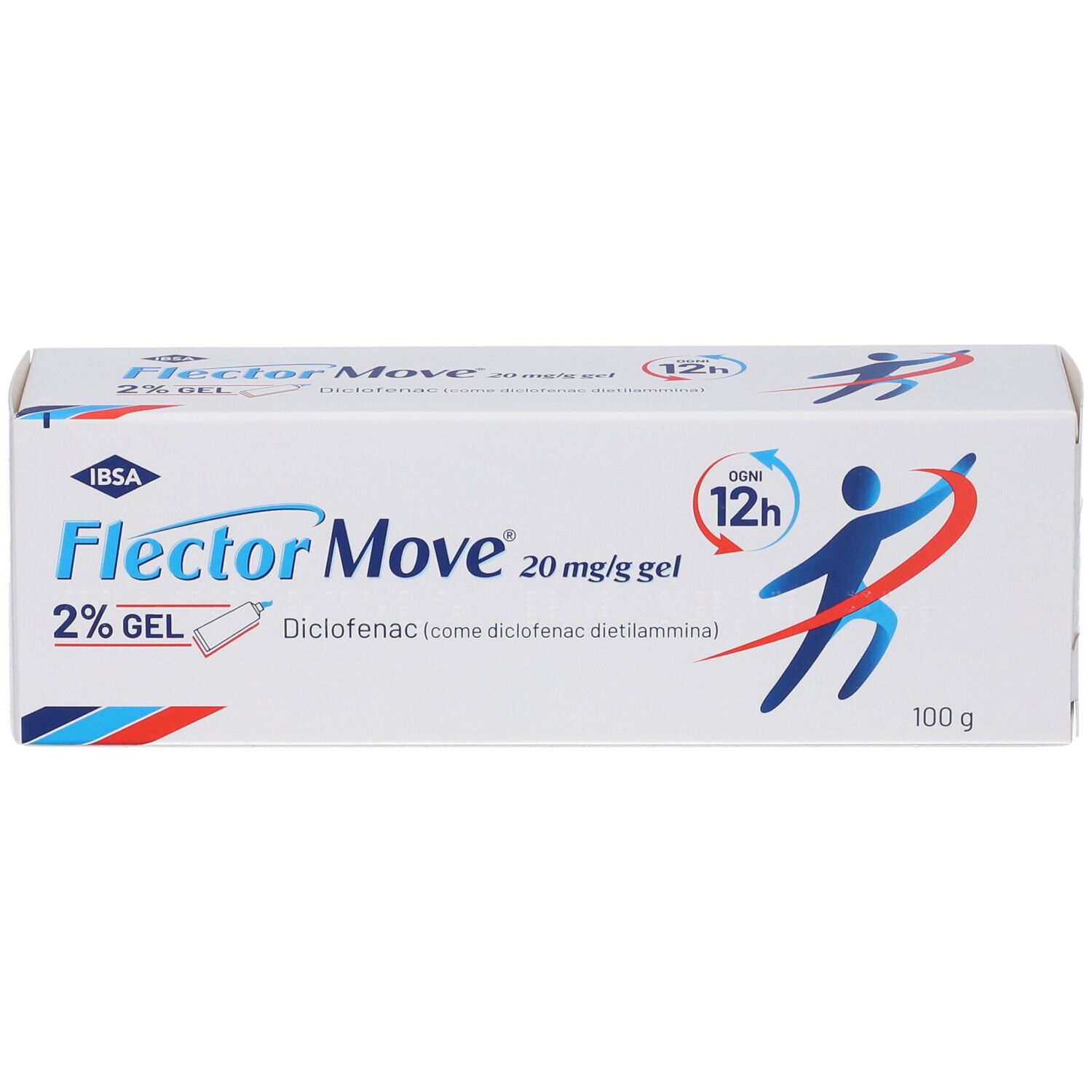 Confezione di Flector Move Gel. Bianca, rettangolare, con accenti blu e rossi. Nome del prodotto e dosaggio ben visibili.