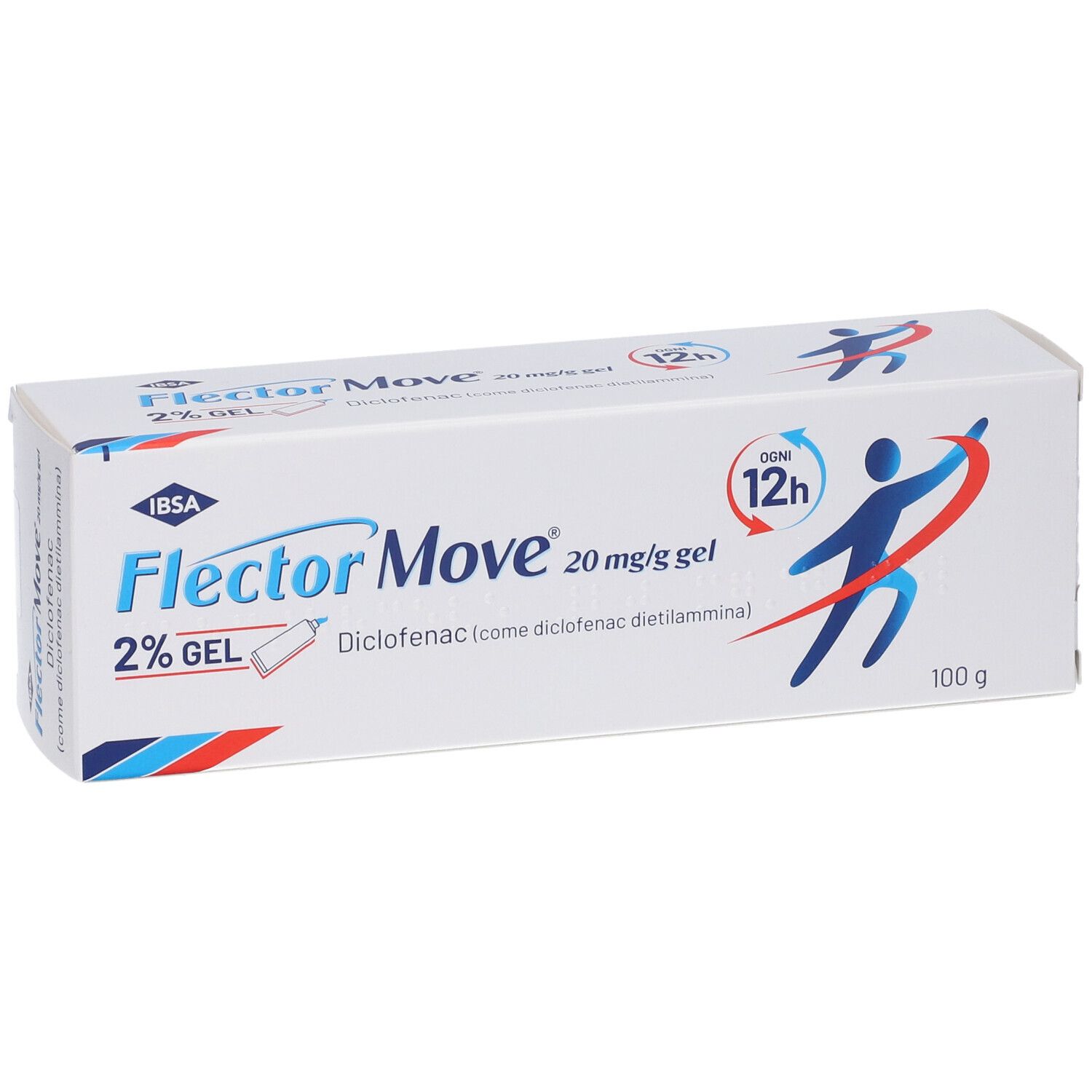 Confezione in cartone bianco con grafica blu e rossa. Scritta FlectorMove 2% Gel, 20 mg/g. Contiene diclofenac. 100 g.