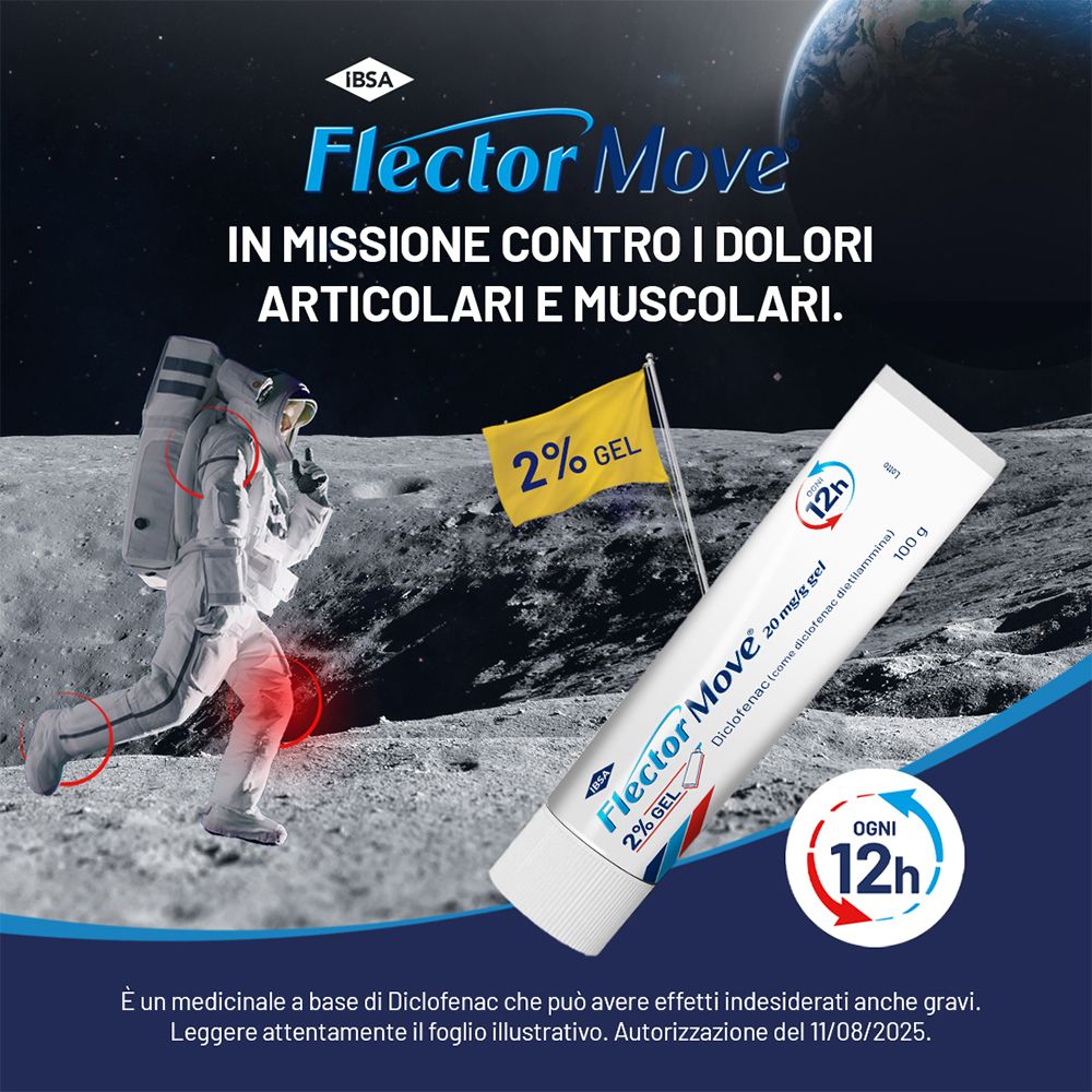 Pubblicità con FlectorMove 2% GEL. Astronauta sulla Luna. Prodotto in tubo con bandiera. Testo: 2% GEL, 12h, 100g.