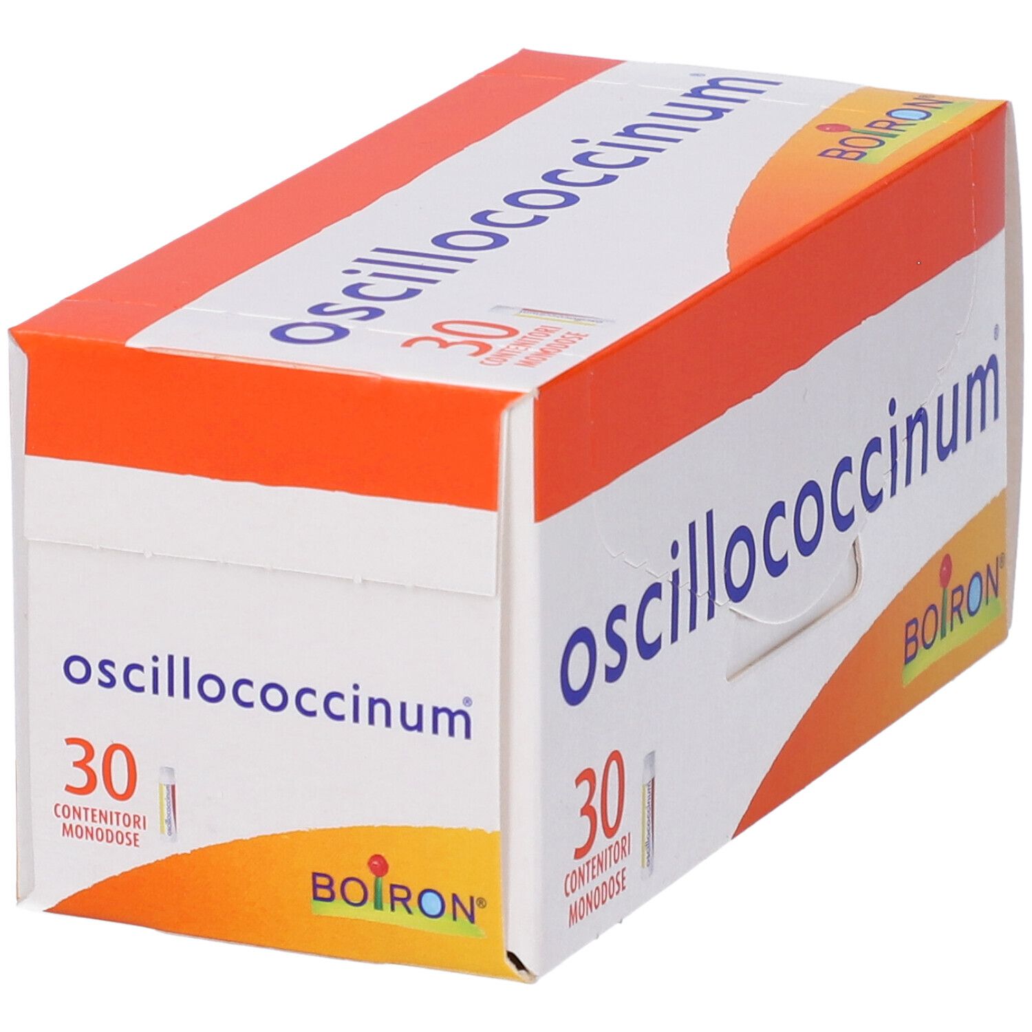 Confezione del prodotto con nome e logo. Contiene 30 monodose. Striscia arancione.