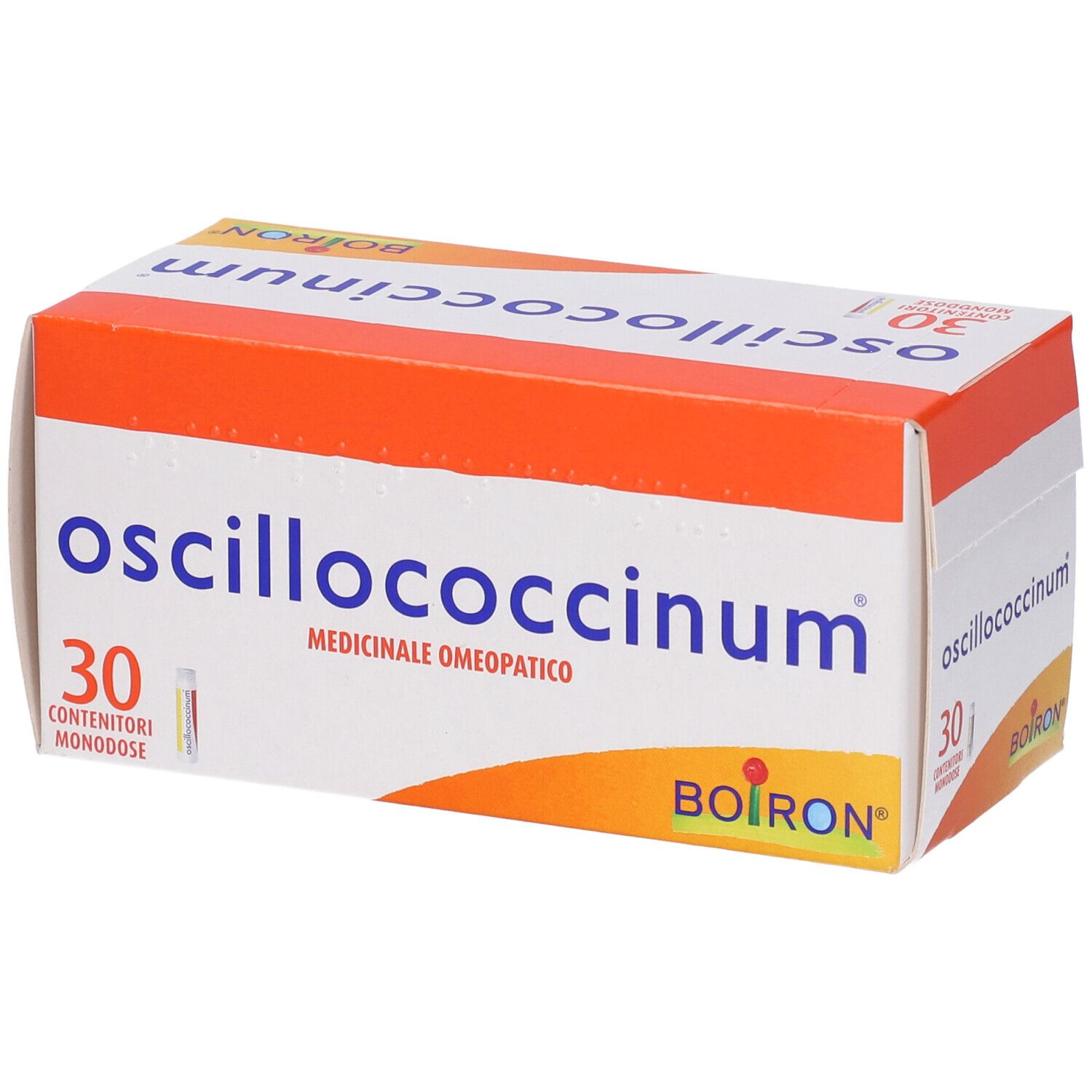 Confezione prodotto con nome, logo e indicazione medicinale omeopatico. Contiene 30 monodose.