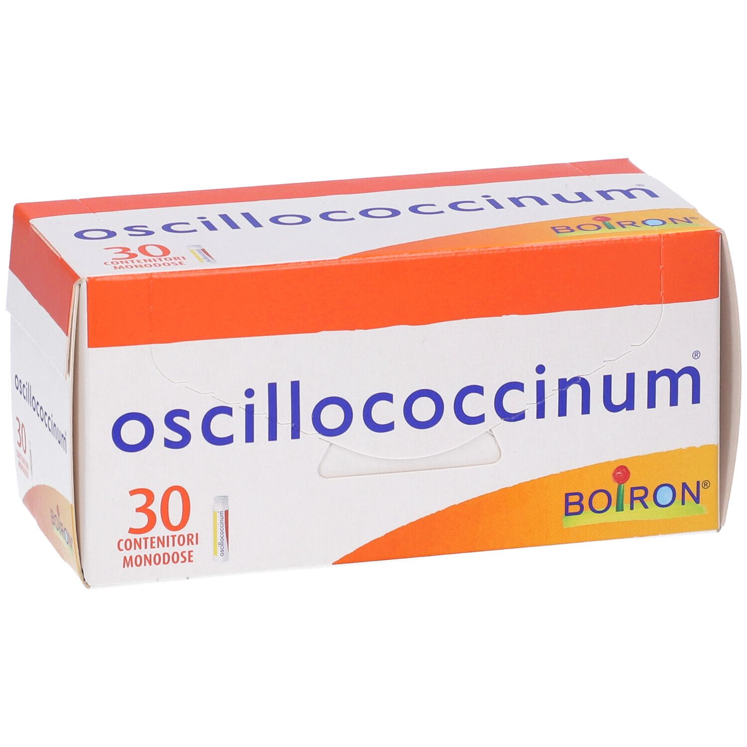 Confezione prodotto con nome e logo. Contiene 30 monodose. Scritta: Contenitori monodose.